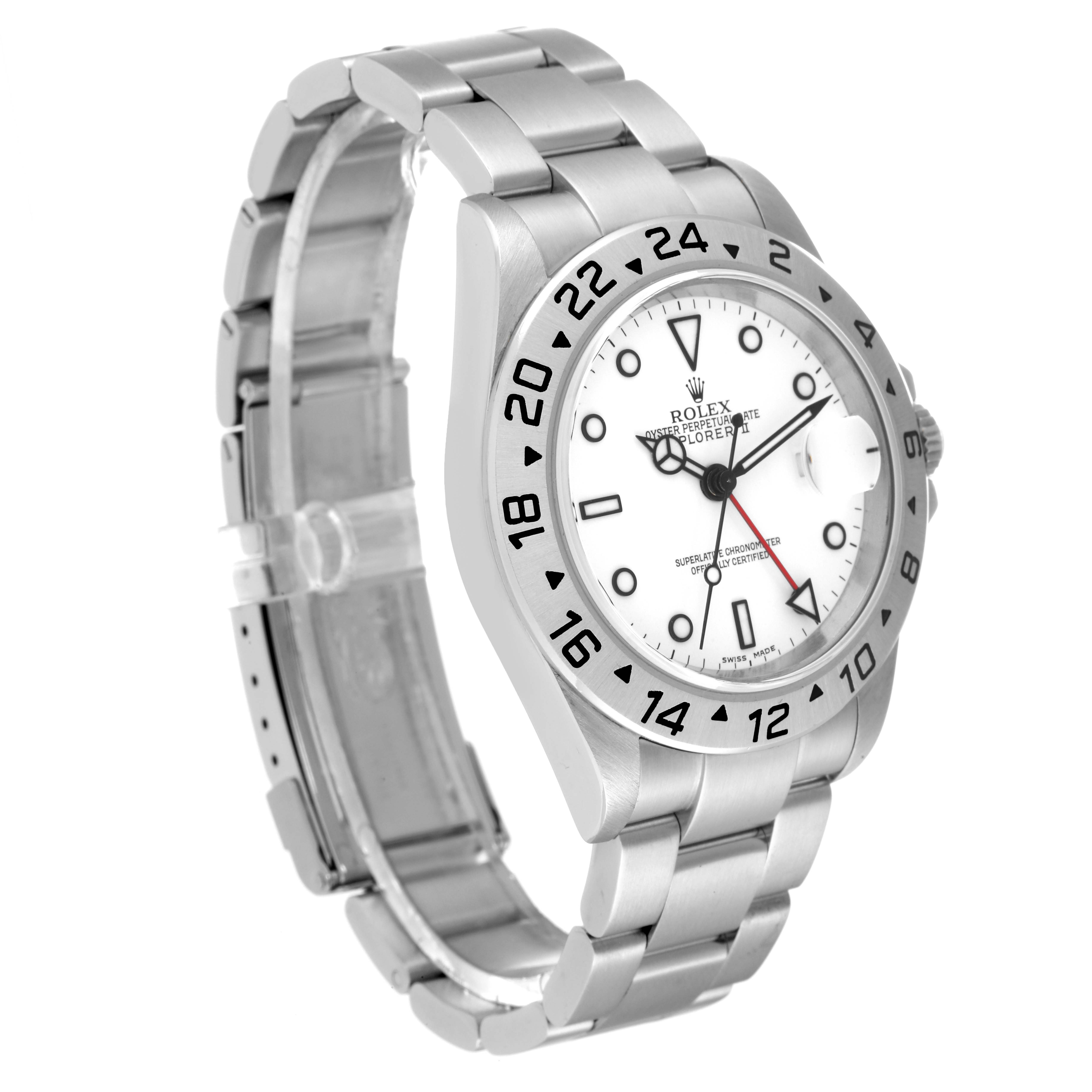 The image shows a side angle of the Rolex Explorer 16570 Men
s Stainless Steel White Dial 16570 Men
s Stainless Steel White Dial watch, highlighting the bezel, dial, and bracelet.