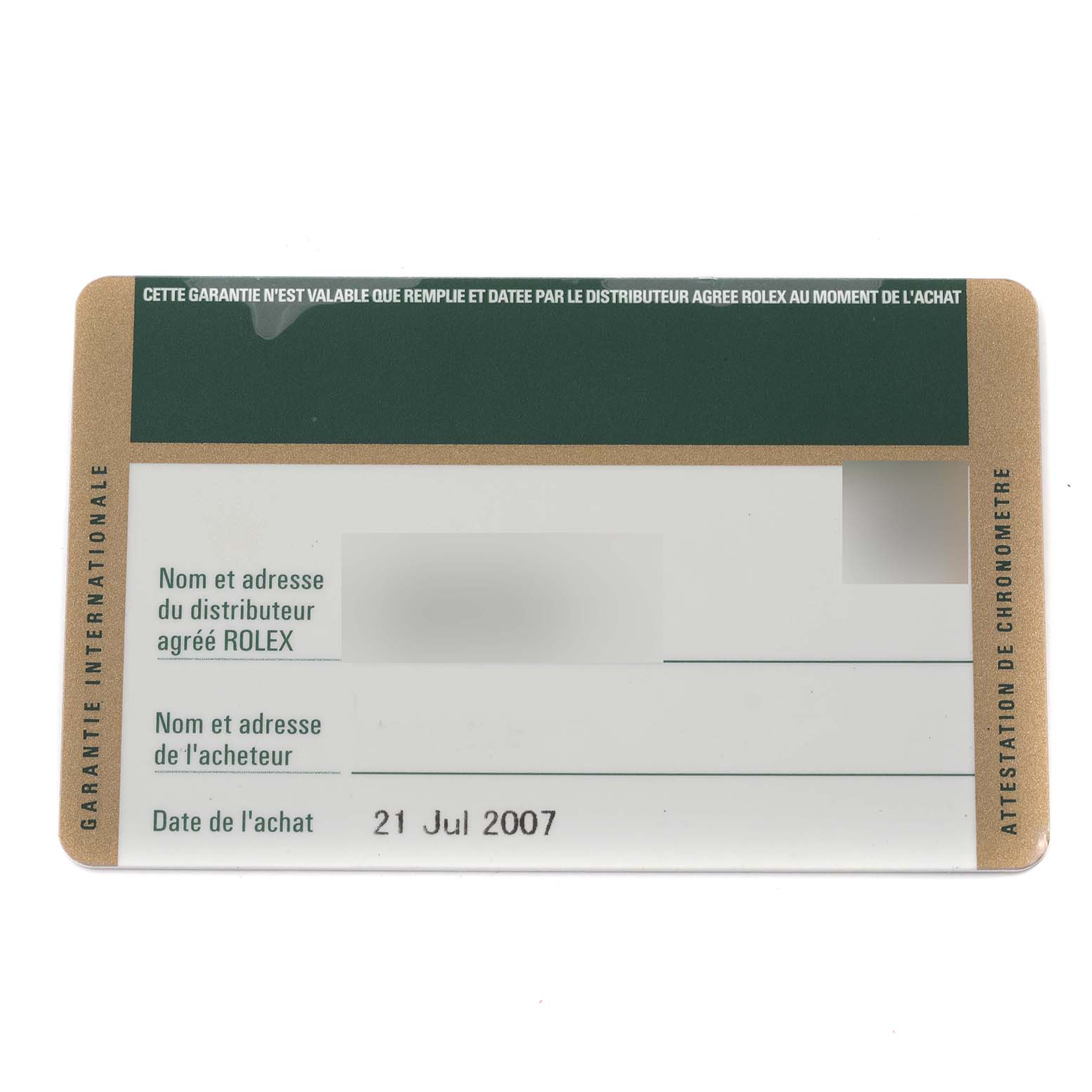 This image shows a warranty card for the Rolex Explorer 16570 Men
s Stainless Steel White Dial 16570 Men
s Stainless Steel White Dial watch, dated 21st July 2007.