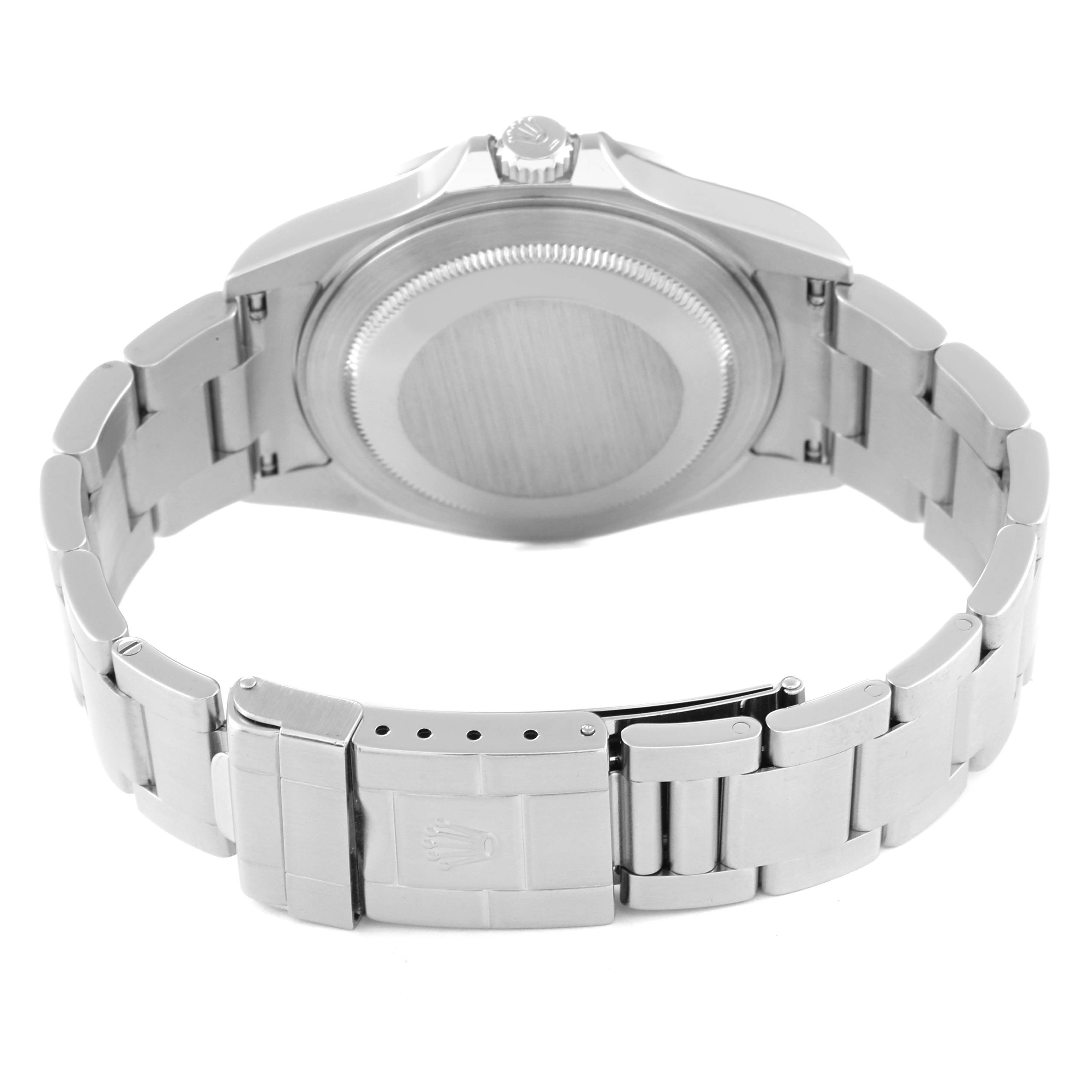 The image shows the caseback and clasp of a Rolex Explorer 16570 Men
s Stainless Steel White Dial 16570 Men
s Stainless Steel White Dial model watch from a rear angle.