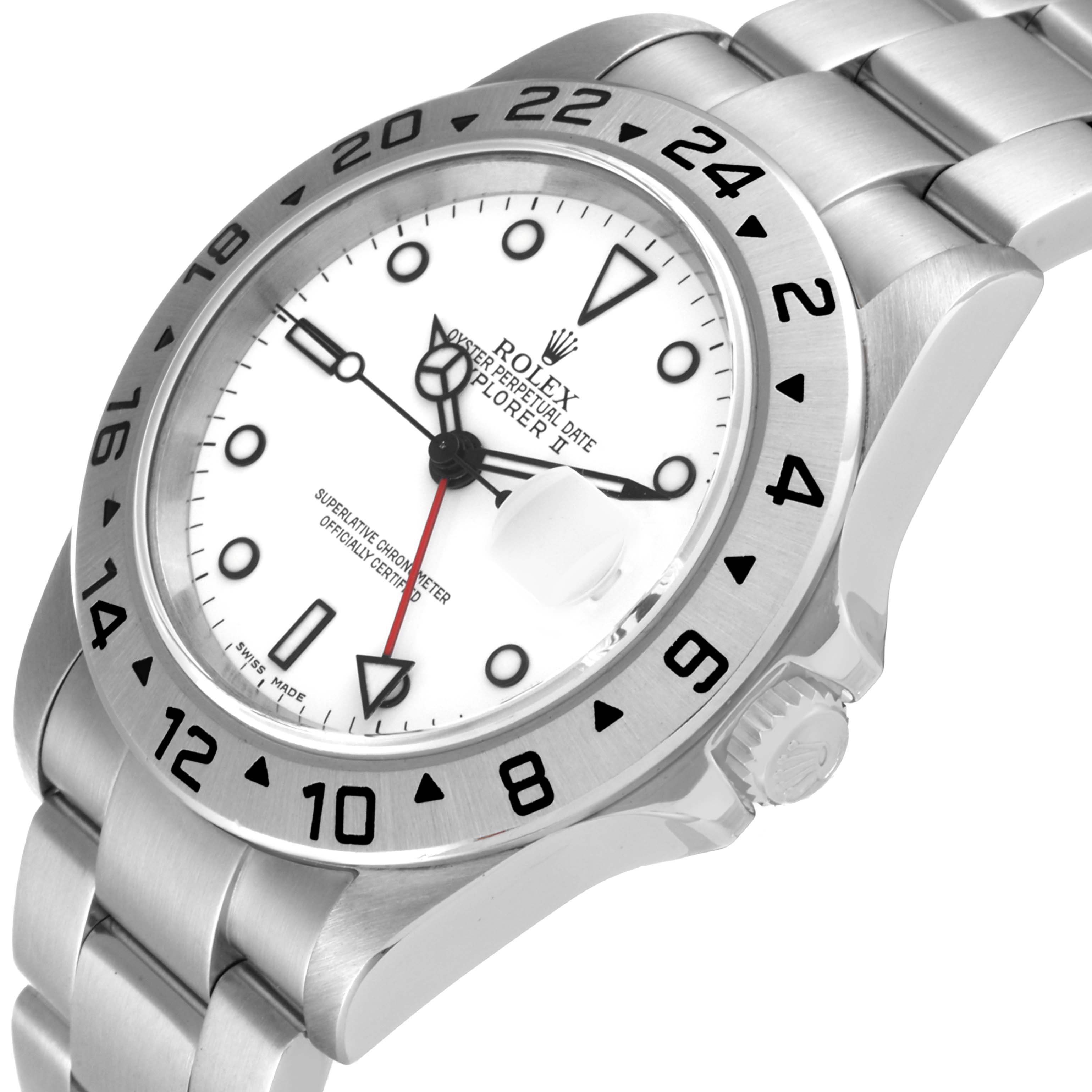 The image shows the Rolex Explorer 16570 Men
s Stainless Steel White Dial 16570 Men
s Stainless Steel White Dial model
s face, bezel, and part of the stainless steel bracelet at a three-quarter angle.