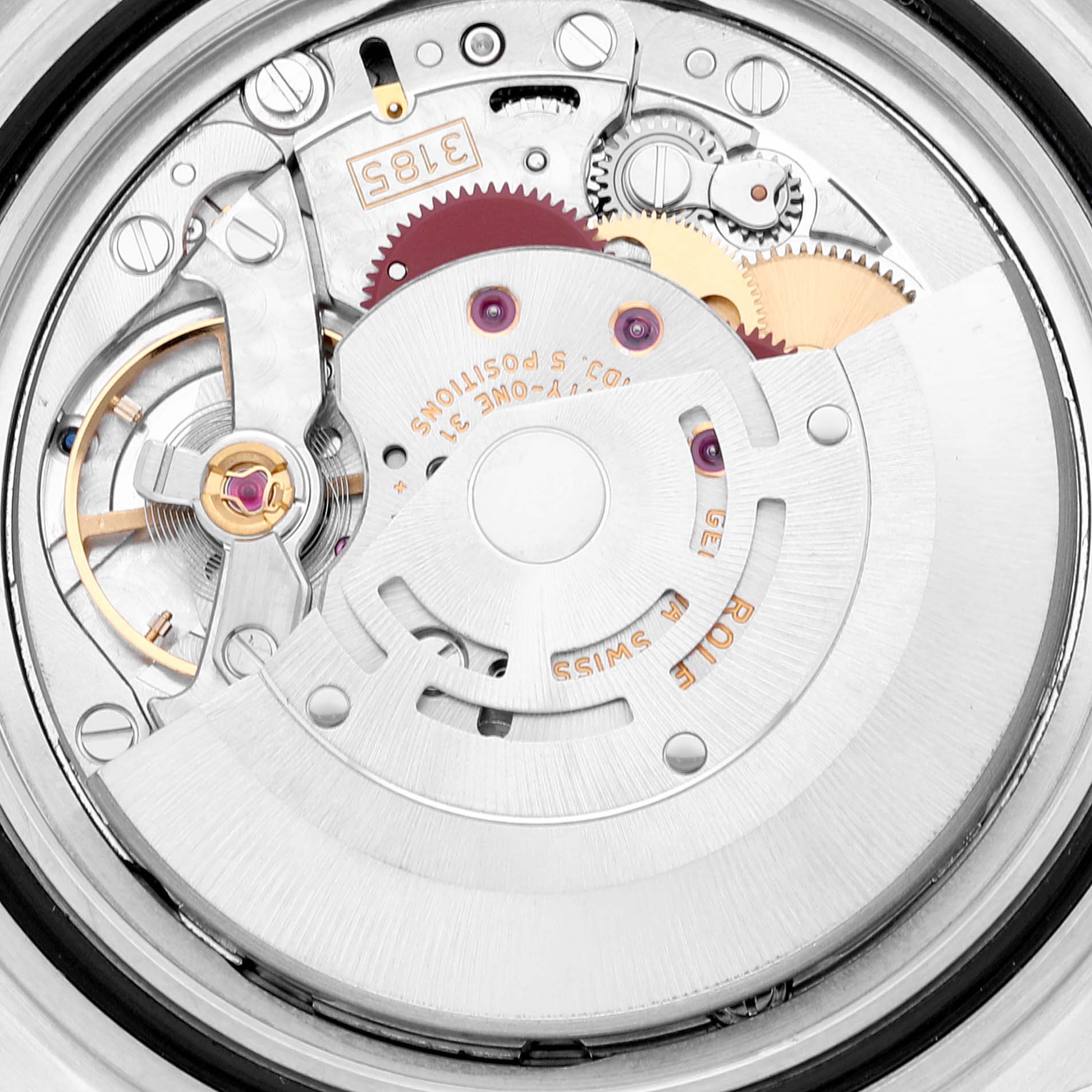 This is a close-up view of the internal mechanism of a Rolex Explorer 16570 Men
s Stainless Steel White Dial 16570 Men
s Stainless Steel White Dial watch, showcasing gears and components.