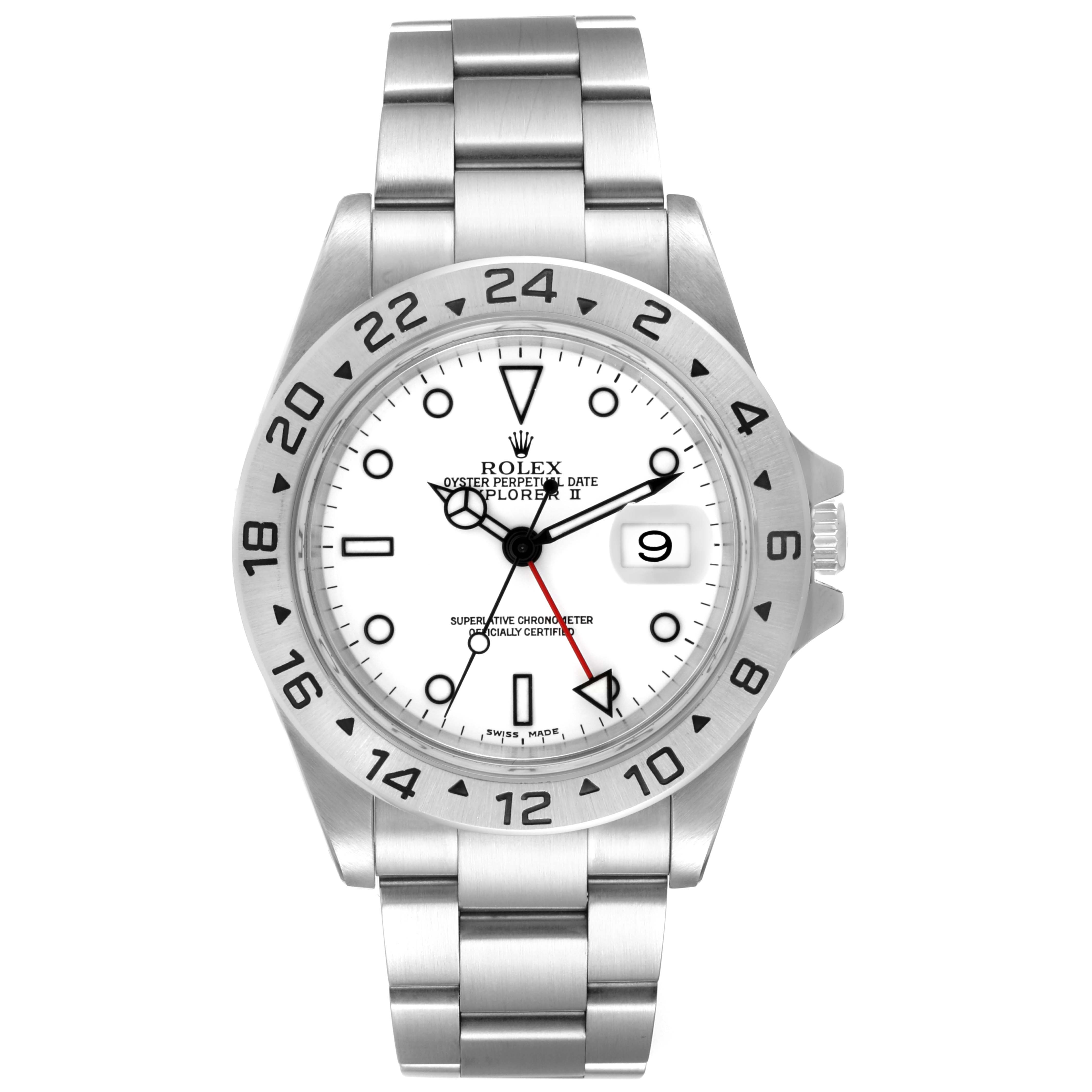 The image shows a front view of a Rolex Explorer 16570 Men
s Stainless Steel White Dial 16570 Men
s Stainless Steel White Dial model watch, highlighting the dial, bezel, and bracelet.