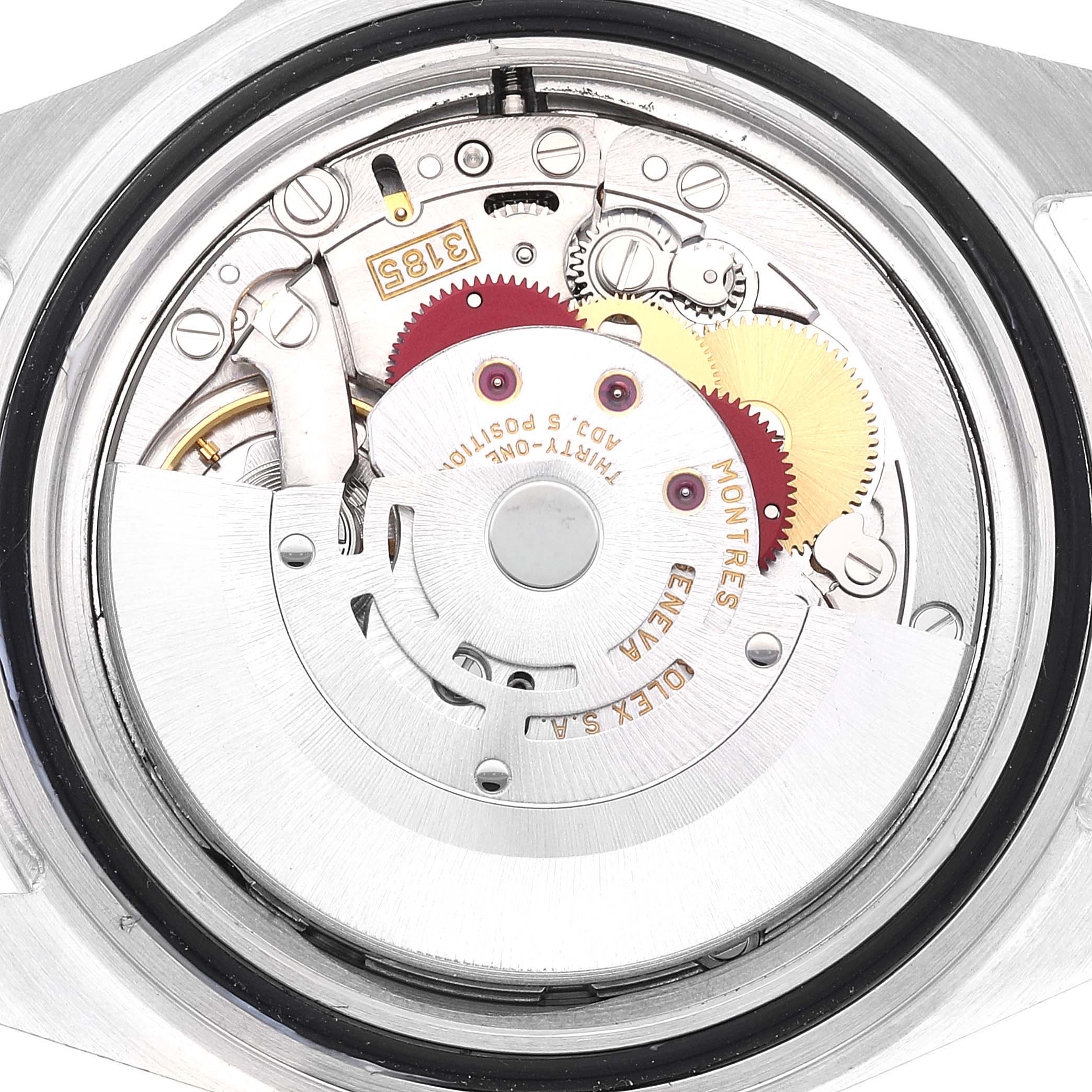 This image shows the internal mechanics and movement parts of the Rolex Explorer 16570 Men
s Stainless Steel White Dial 16570 Men
s Stainless Steel White Dial watch viewed from the back.