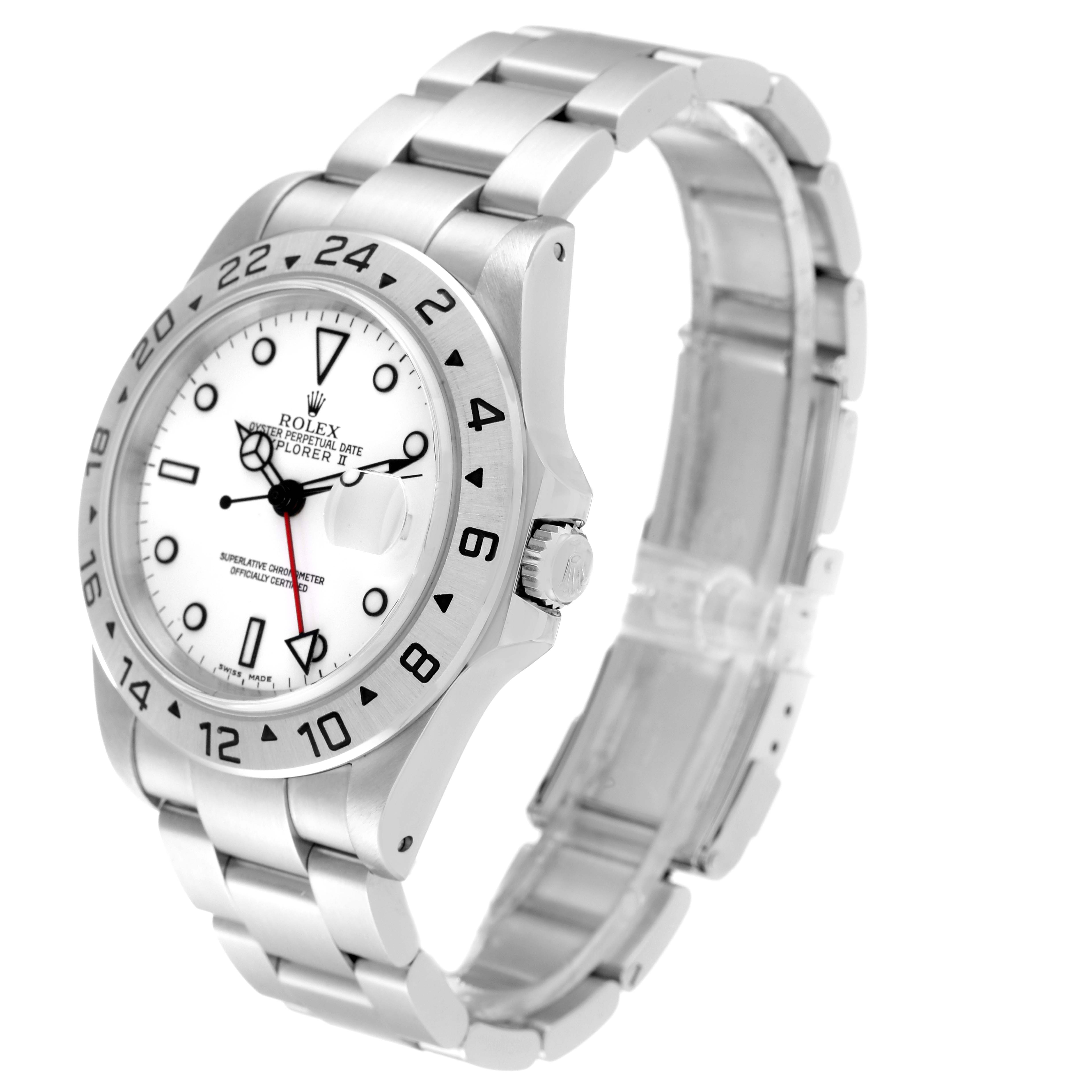 The image shows a side angle of a Rolex Explorer 16570 Men
s Stainless Steel White Dial 16570 Men
s Stainless Steel White Dial watch, highlighting its face, bezel, crown, and bracelet.