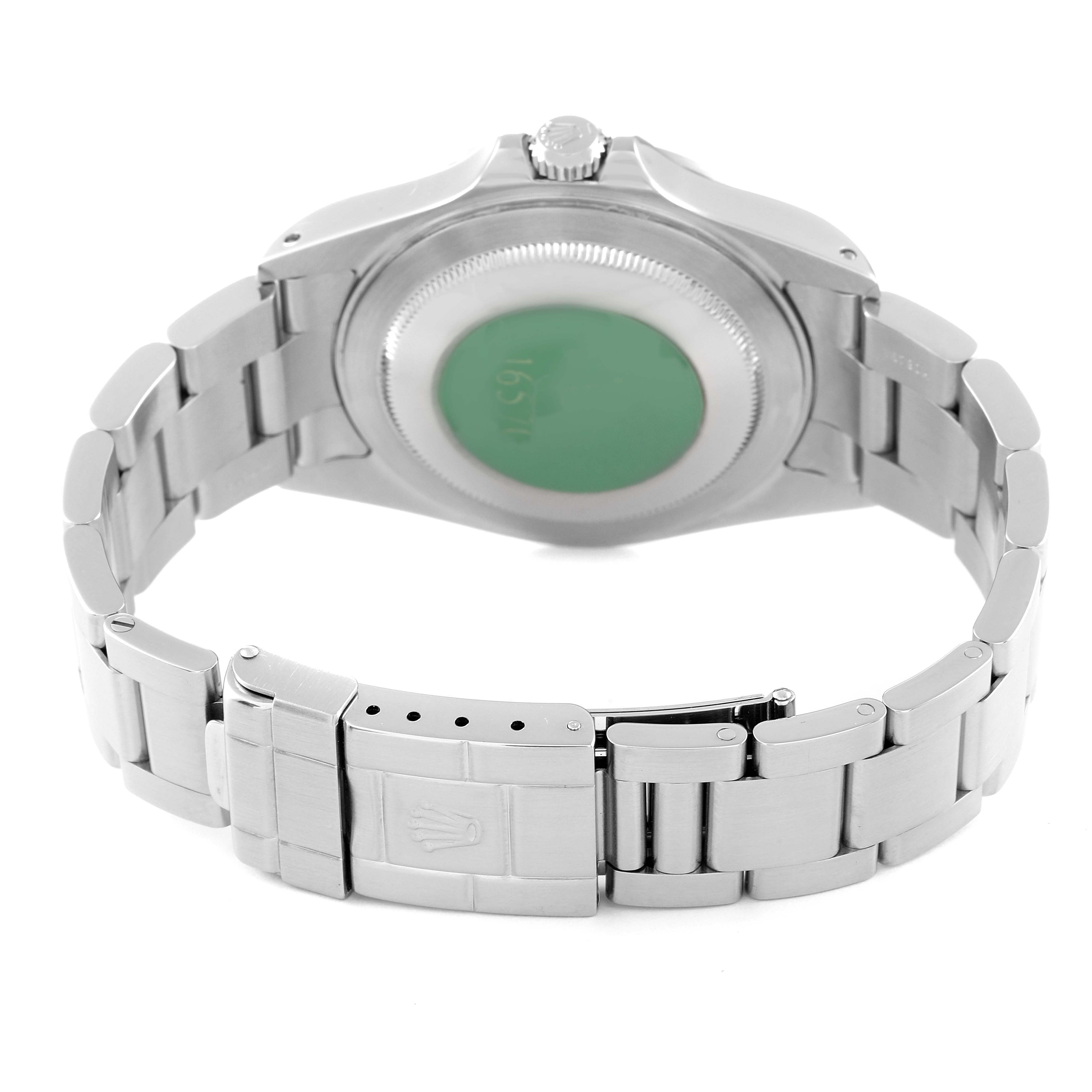 The image shows the back view of the Rolex Explorer 16570 Men
s Stainless Steel White Dial 16570 Men
s Stainless Steel White Dial watch, highlighting the case back and metal bracelet with the clasp.
