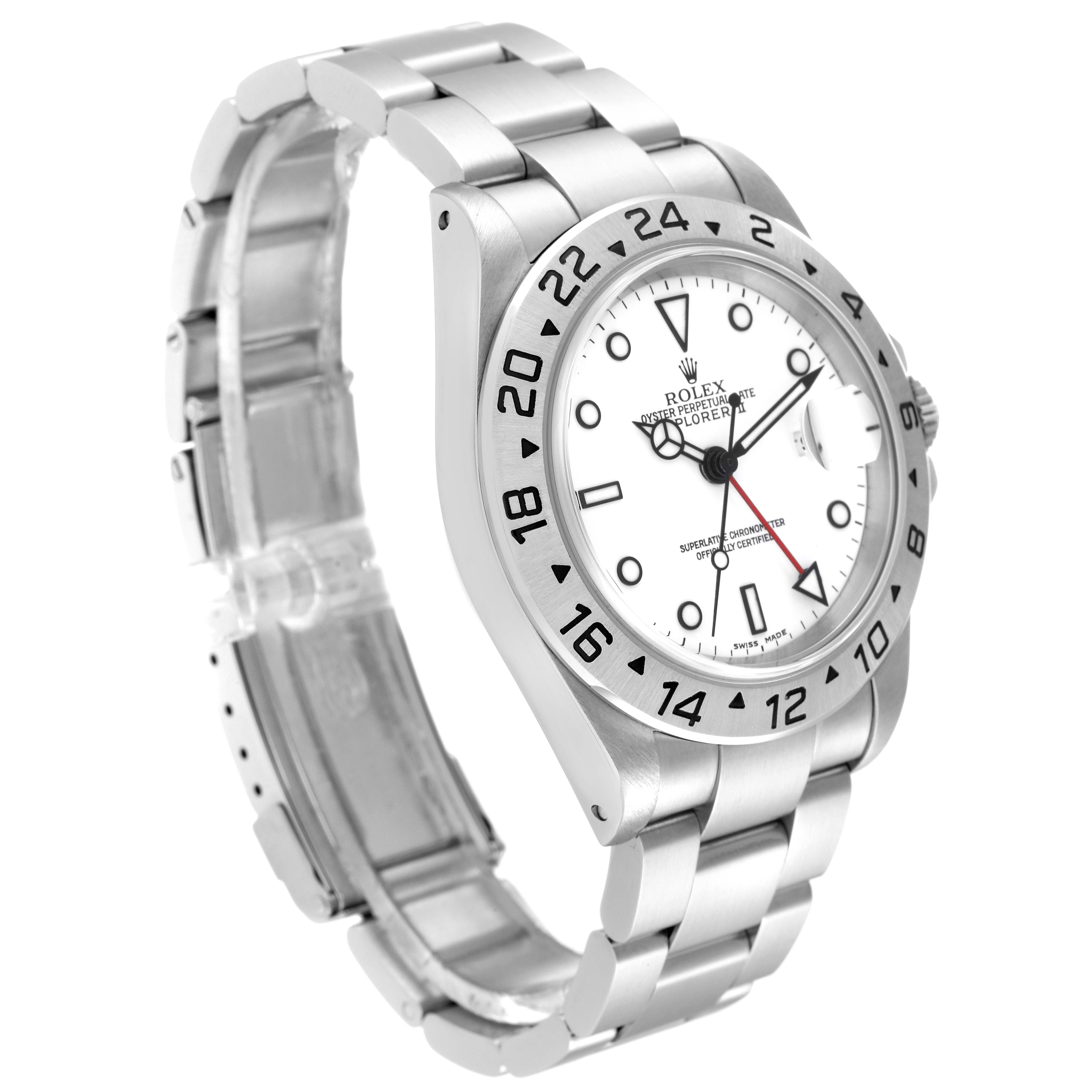 The Rolex Explorer 16570 Men
s Stainless Steel White Dial 16570 Men
s Stainless Steel White Dial watch is shown at a 3/4 angle, displaying the face, bezel, bracelet, and crown.