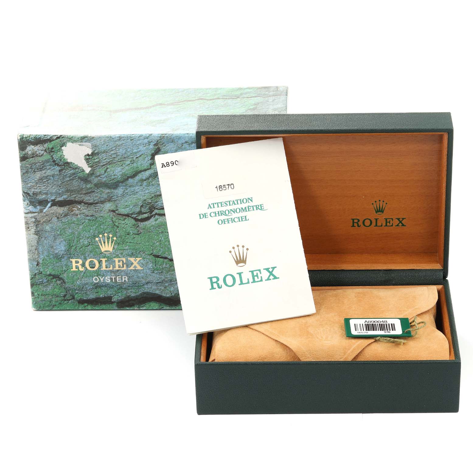The image shows the packaging and certification documents for a Rolex Explorer 16570 Men
s Stainless Steel White Dial 16570 Men
s Stainless Steel White Dial watch, including the box and papers.
