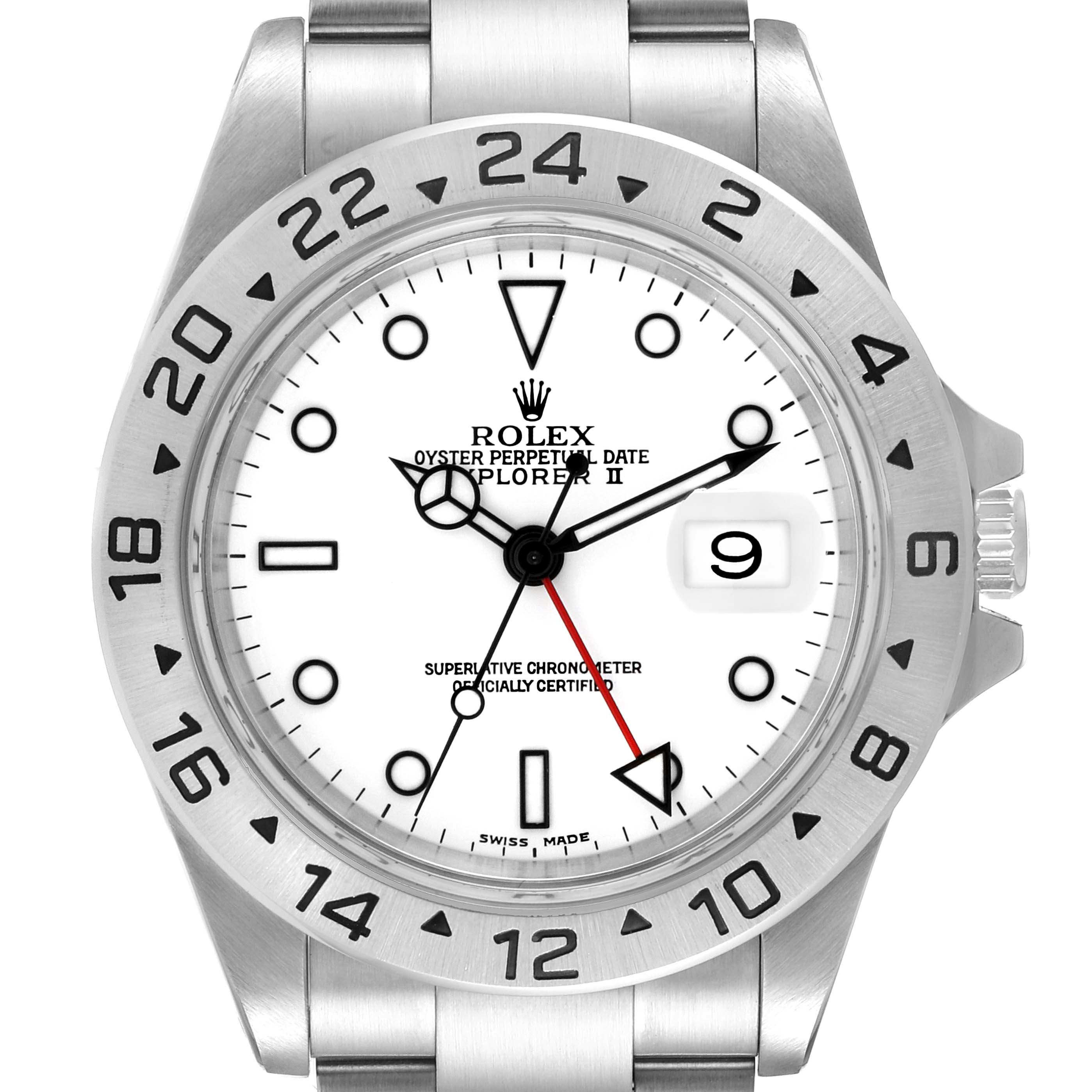 This image displays a front view of the Rolex Explorer 16570 Men
s Stainless Steel White Dial 16570 Men
s Stainless Steel White Dial watch, highlighting its dial, bezel, and crown.