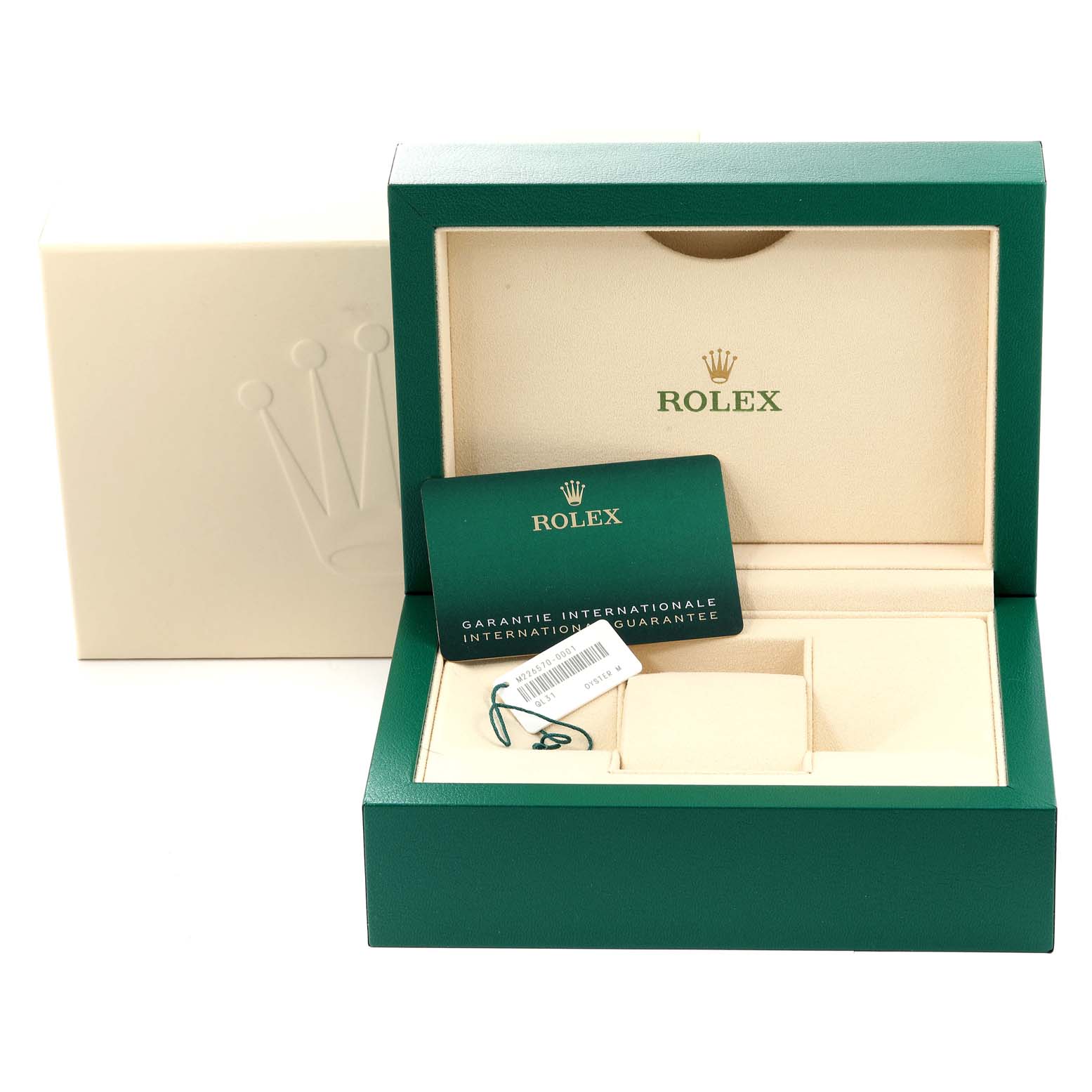 The image shows the box, international guarantee card, and tag for a Rolex Explorer 226570 Men
s Stainless Steel White Dial 226570 Men
s Stainless Steel White Dial.