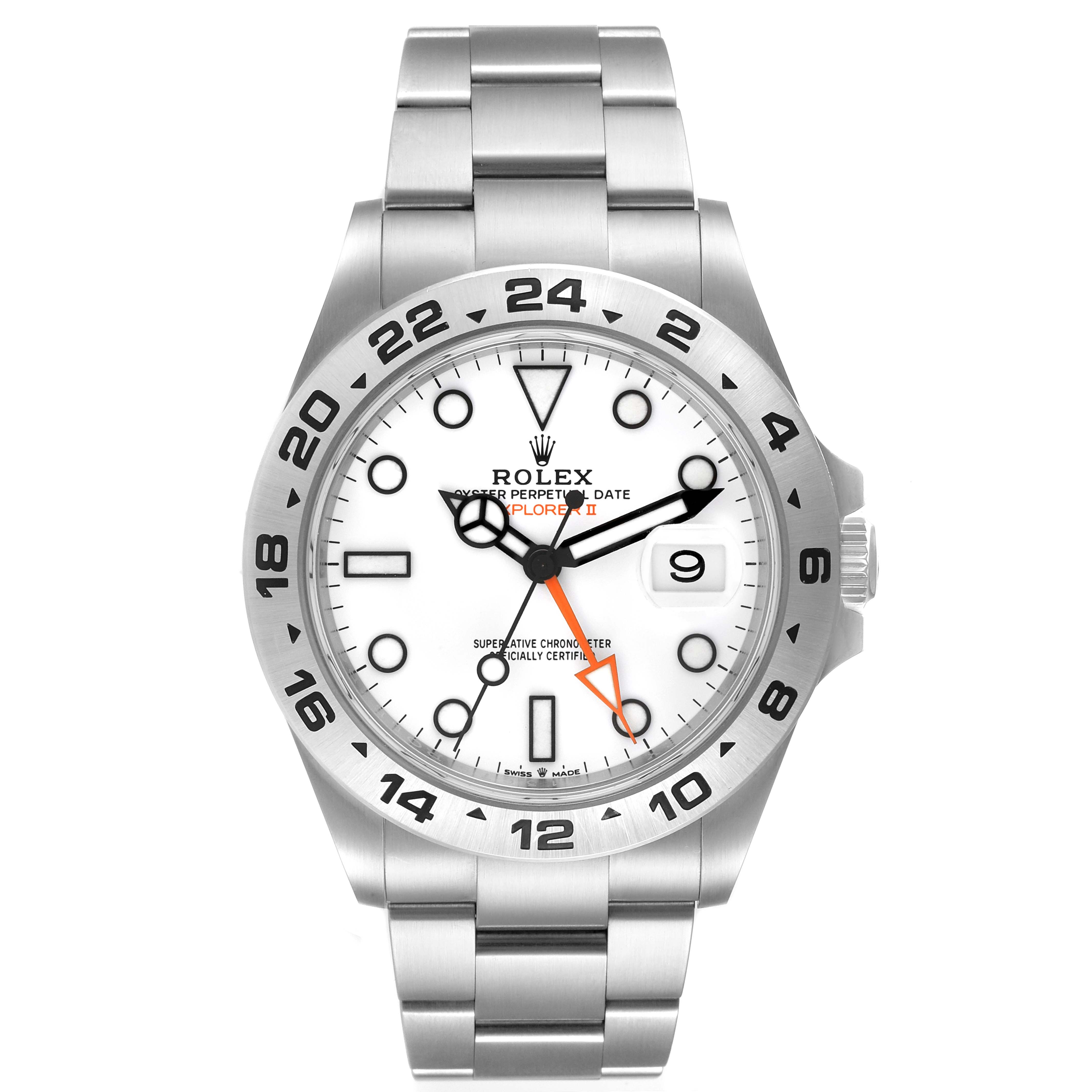 The image shows a front view of the Rolex Explorer 226570 Men
s Stainless Steel White Dial 226570 Men
s Stainless Steel White Dial watch, highlighting its bracelet, bezel, dial, and hands.