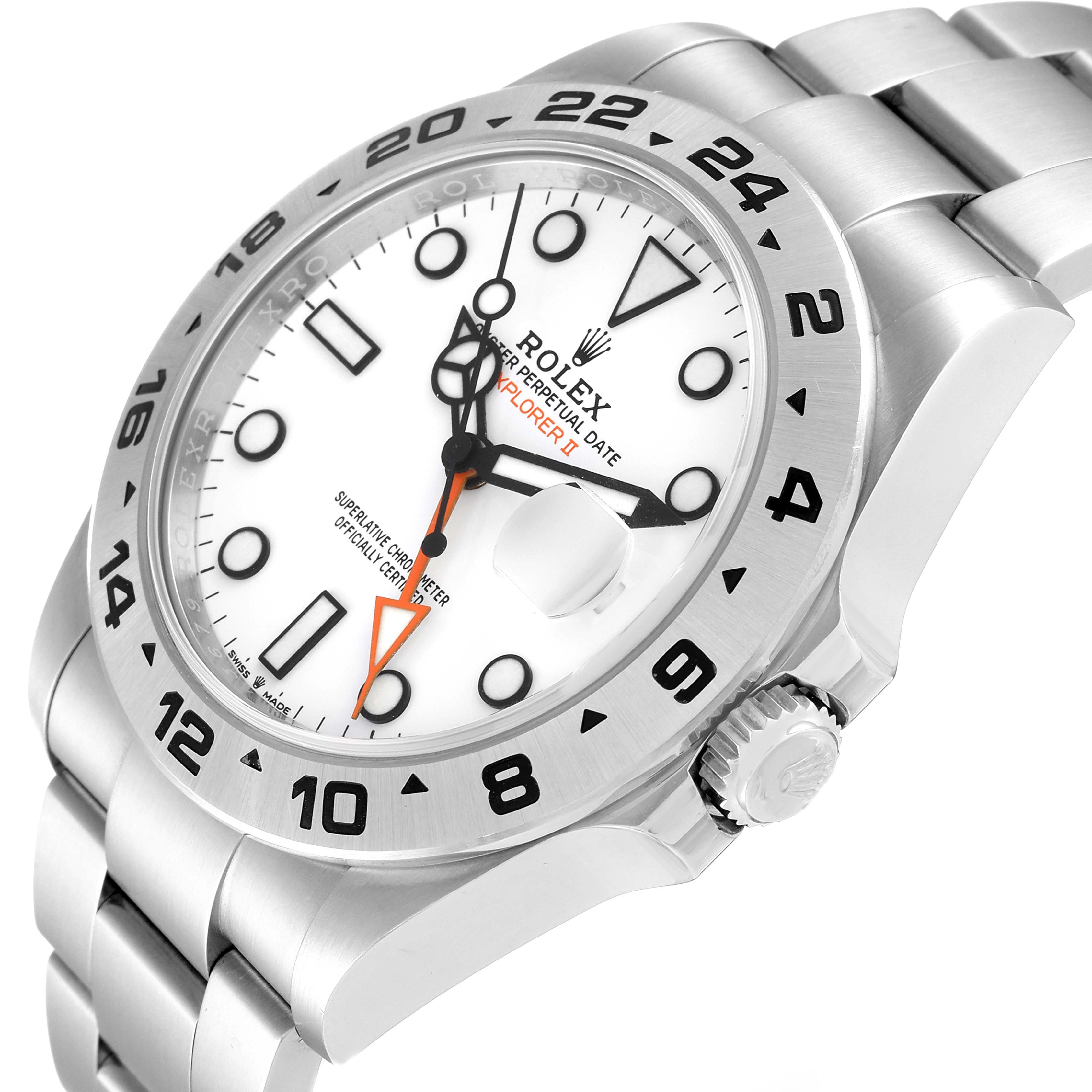 The image shows a Rolex Explorer 226570 Men
s Stainless Steel White Dial 226570 Men
s Stainless Steel White Dial watch from an angled side view, highlighting the face, bezel, crown, and bracelet.