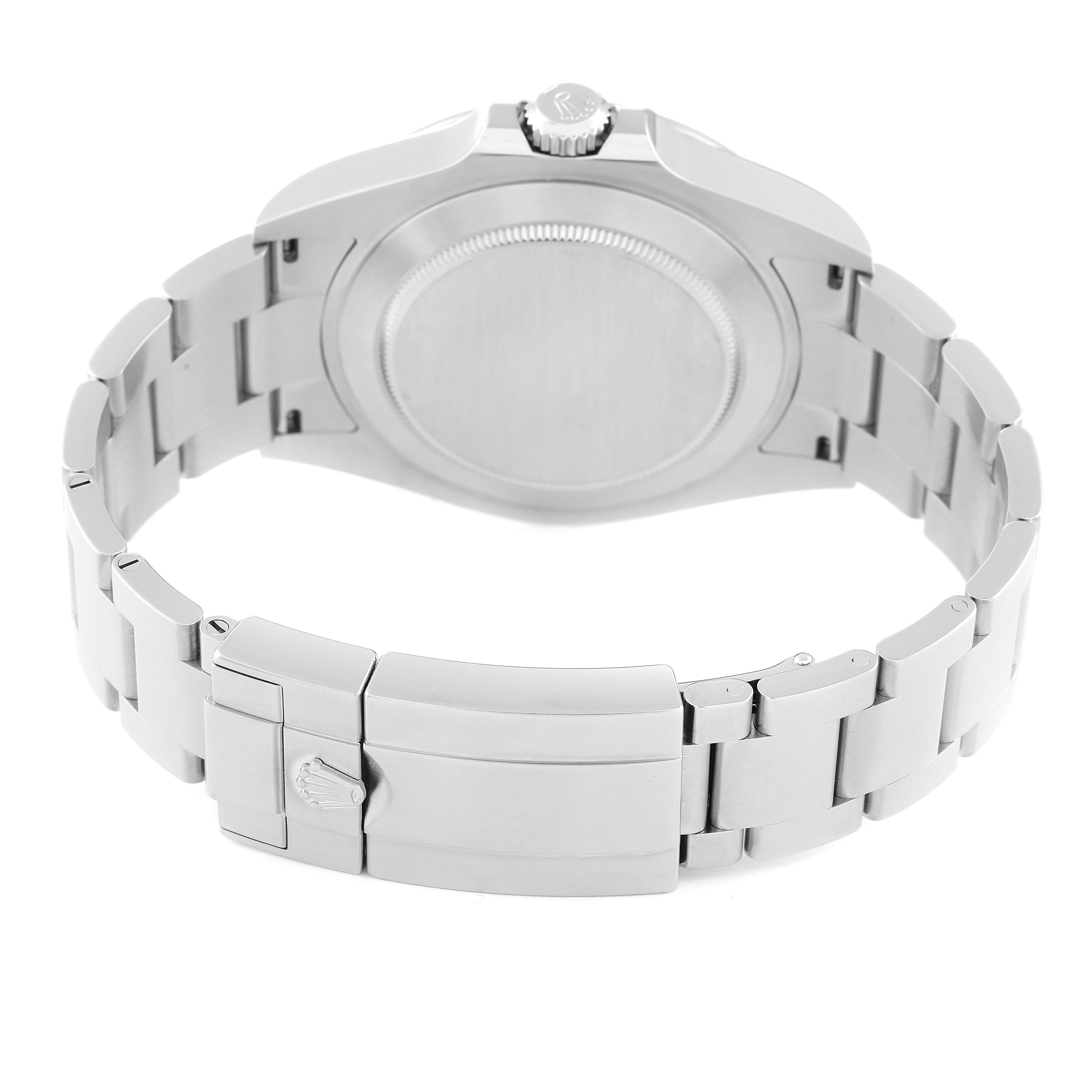 The image shows the back casing, crown, and bracelet clasp of the Rolex Explorer 226570 Men
s Stainless Steel White Dial 226570 Men
s Stainless Steel White Dial watch from a rear angle.