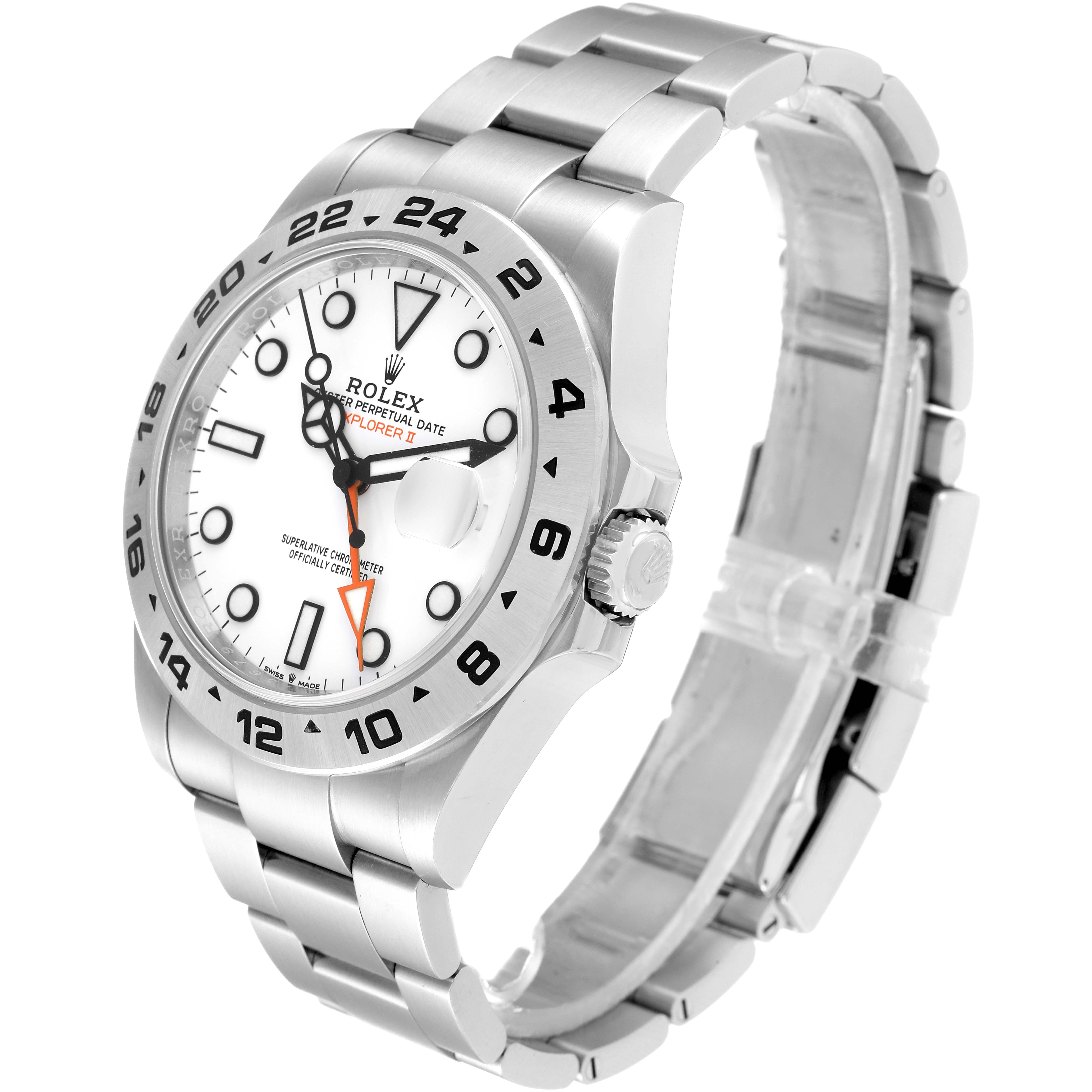 The image shows a side angle of a Rolex Explorer 226570 Men
s Stainless Steel White Dial 226570 Men
s Stainless Steel White Dial watch, highlighting the face, bezel, crown, and bracelet.