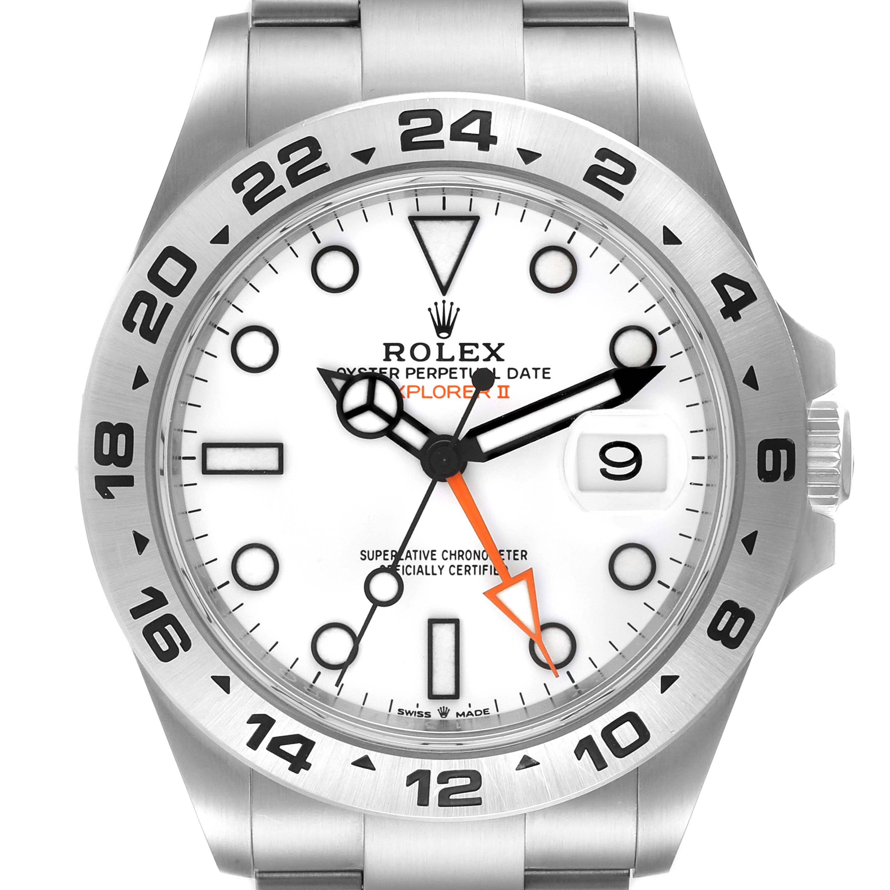 The image shows a front view of the Rolex Explorer 226570 Men
s Stainless Steel White Dial 226570 Men
s Stainless Steel White Dial watch, featuring its dial, bezel, and part of the bracelet.