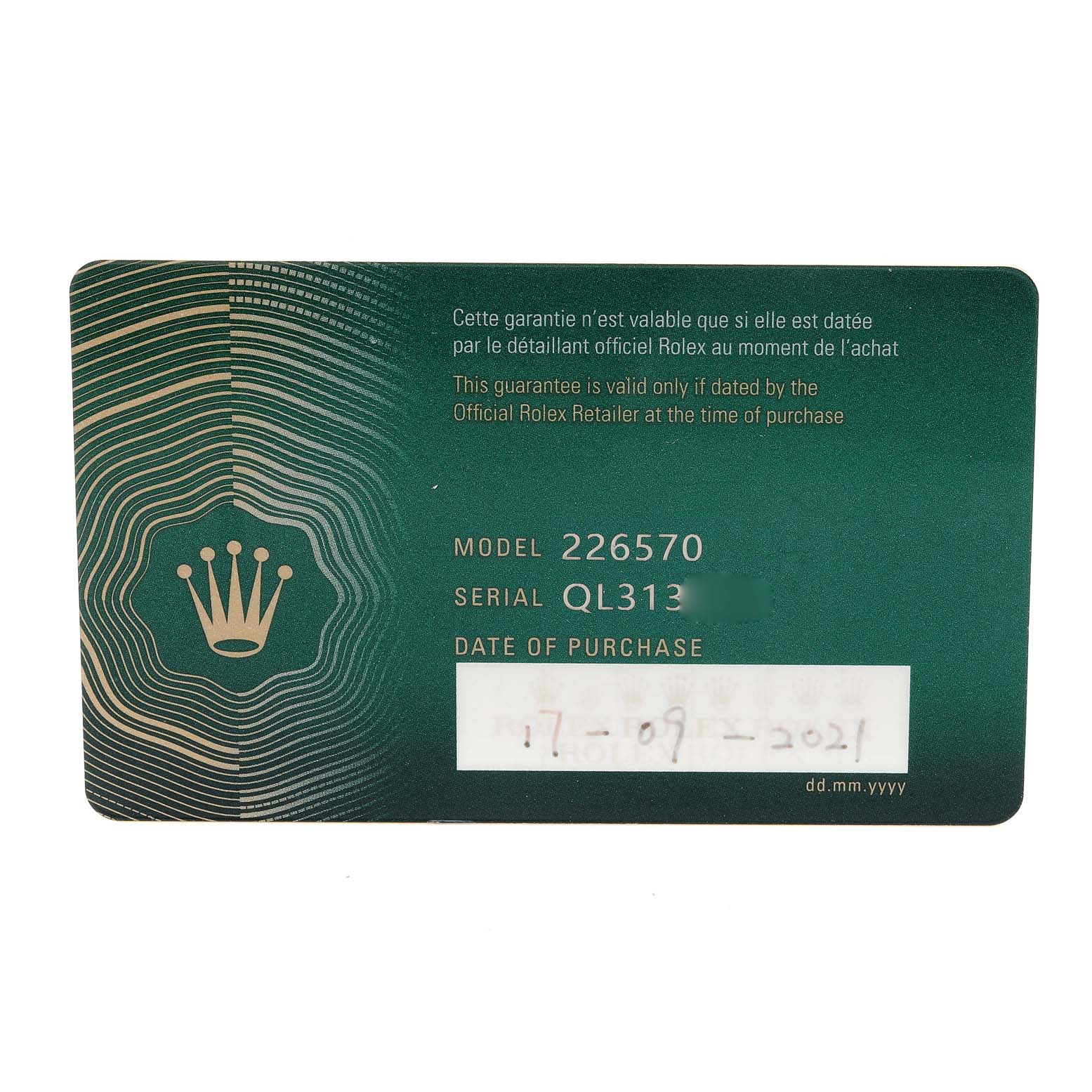 This image shows a warranty card for the Rolex Explorer 226570 Men
s Stainless Steel White Dial 226570 Men
s Stainless Steel White Dial model 226570.