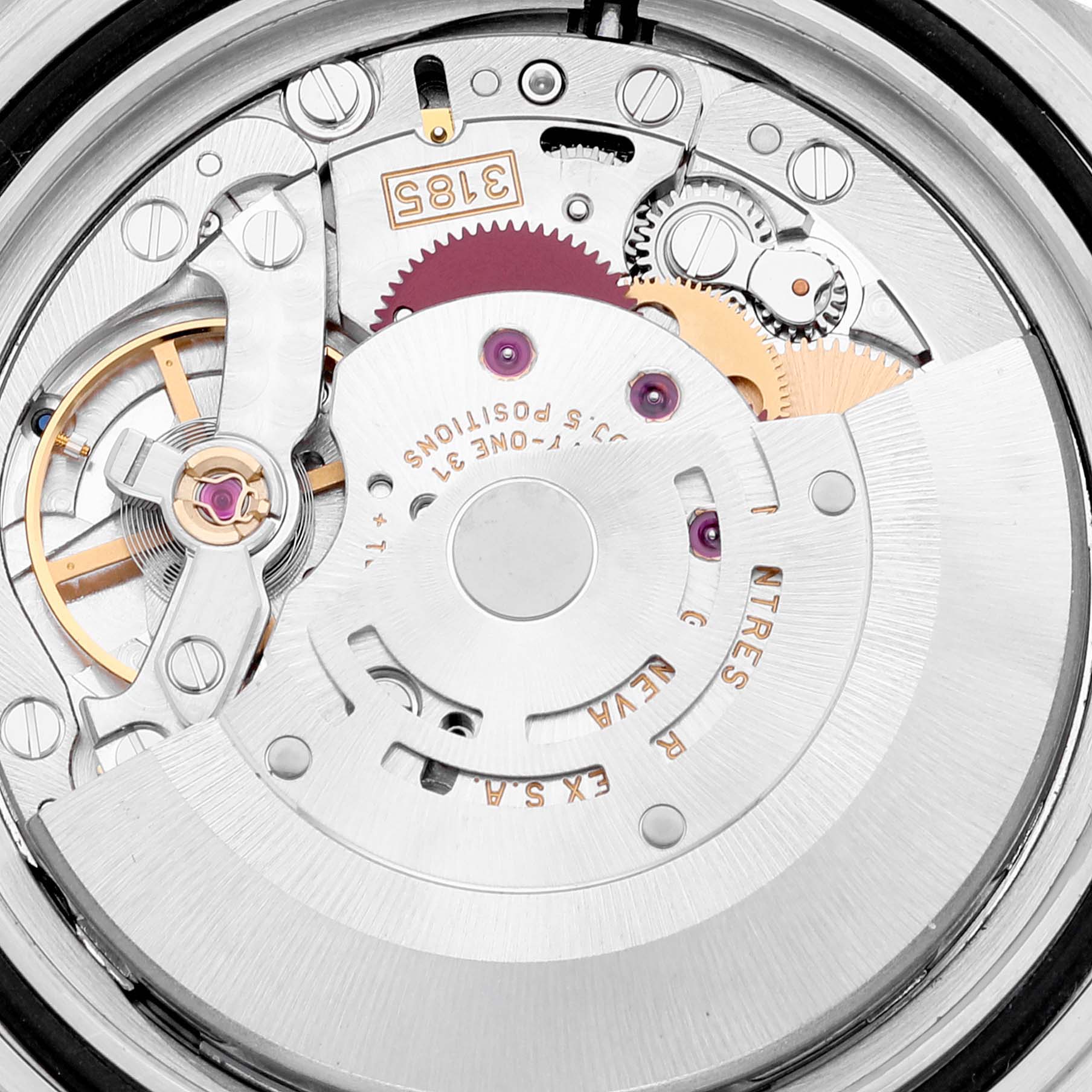 This image shows a close-up of the Rolex Explorer 16570 Men's Stainless Steel Black Dial 16570 Men's Stainless Steel Black Dial's watch movement, highlighting gears, the balance wheel, and other mechanical components.