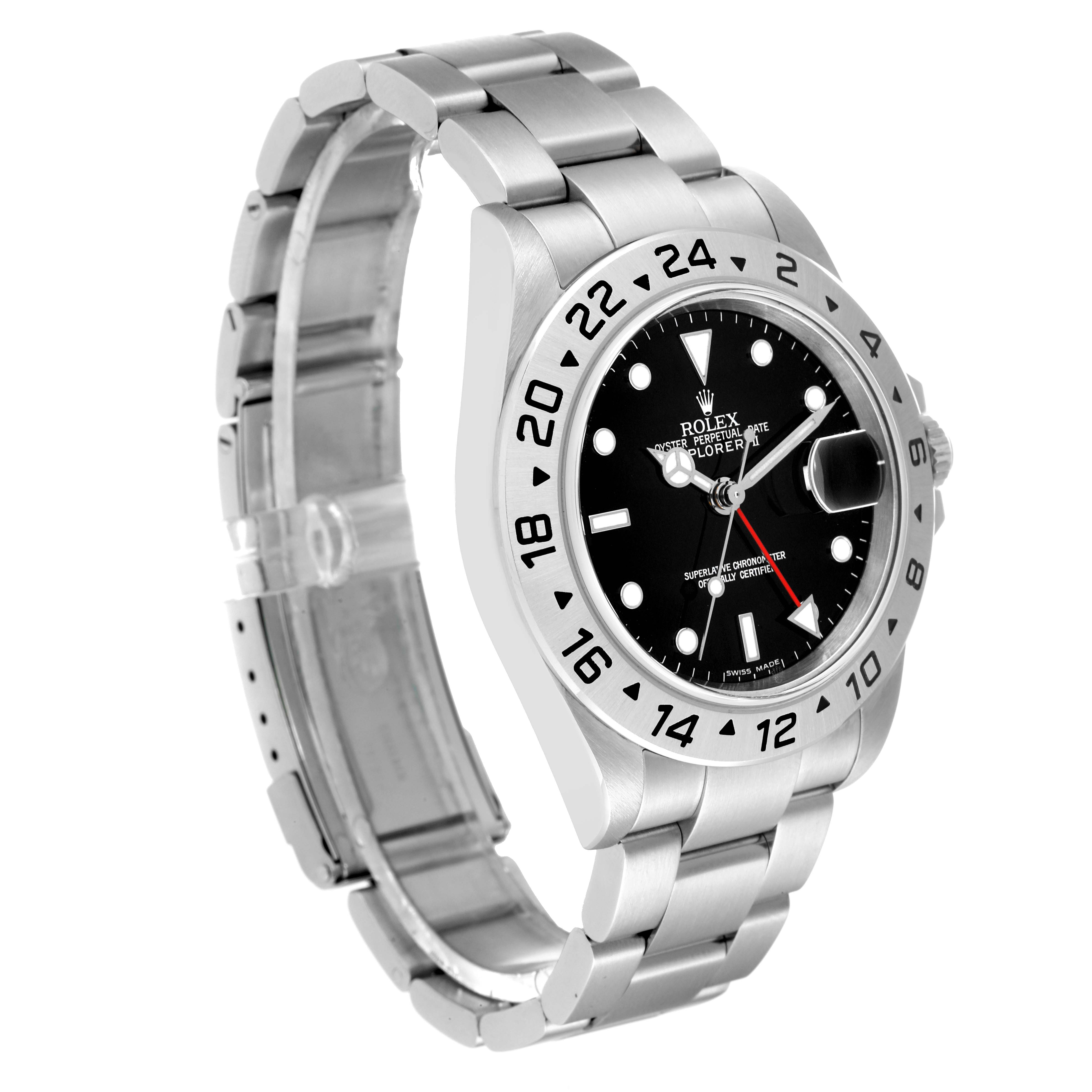 The Rolex Explorer 16570 Men's Stainless Steel Black Dial 16570 Men's Stainless Steel Black Dial watch is shown at a three-quarter angle displaying the face, bezel, crown, and part of the bracelet.