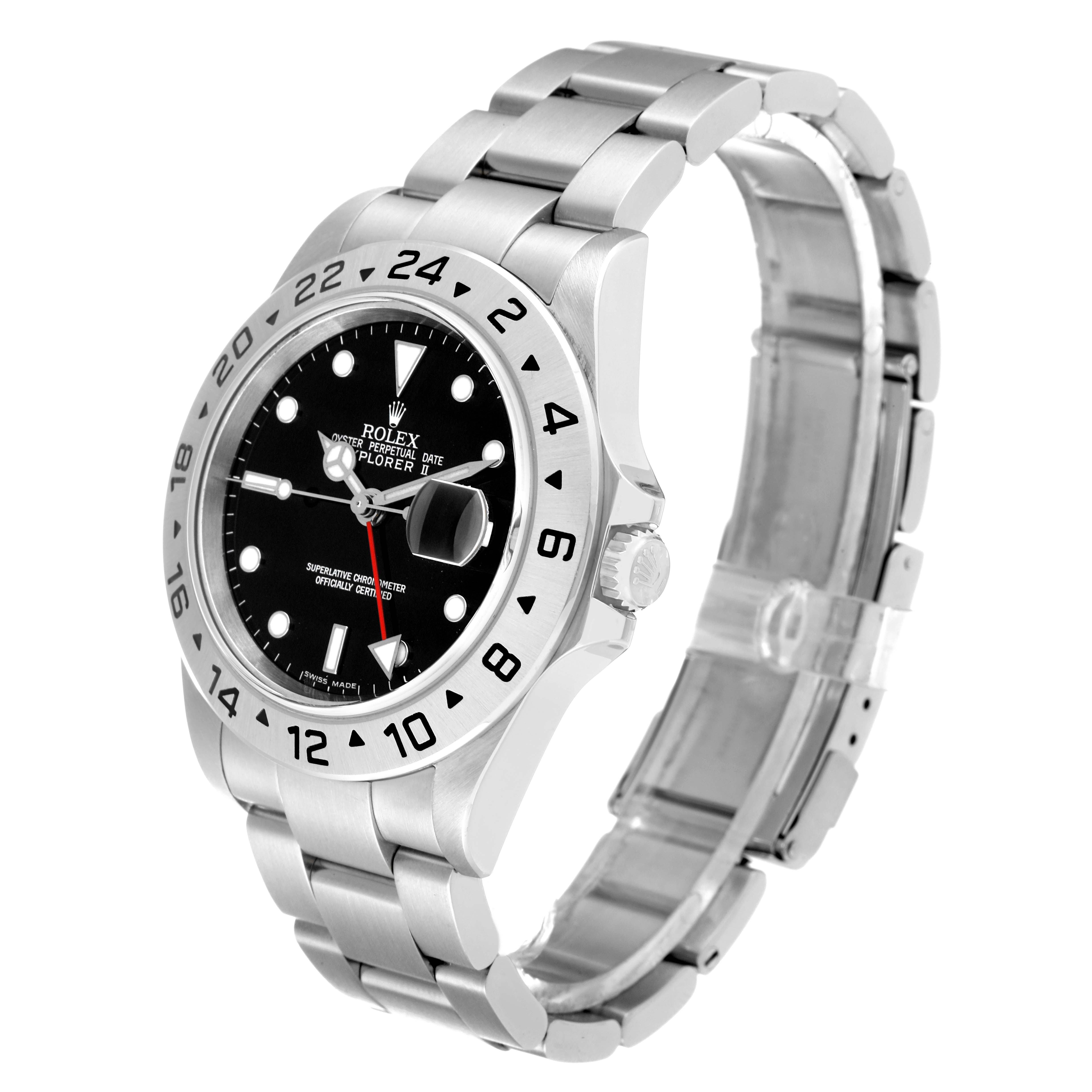 The image shows a side angle of the Rolex Explorer 16570 Men's Stainless Steel Black Dial 16570 Men's Stainless Steel Black Dial watch, highlighting the dial, bezel, crown, and bracelet.