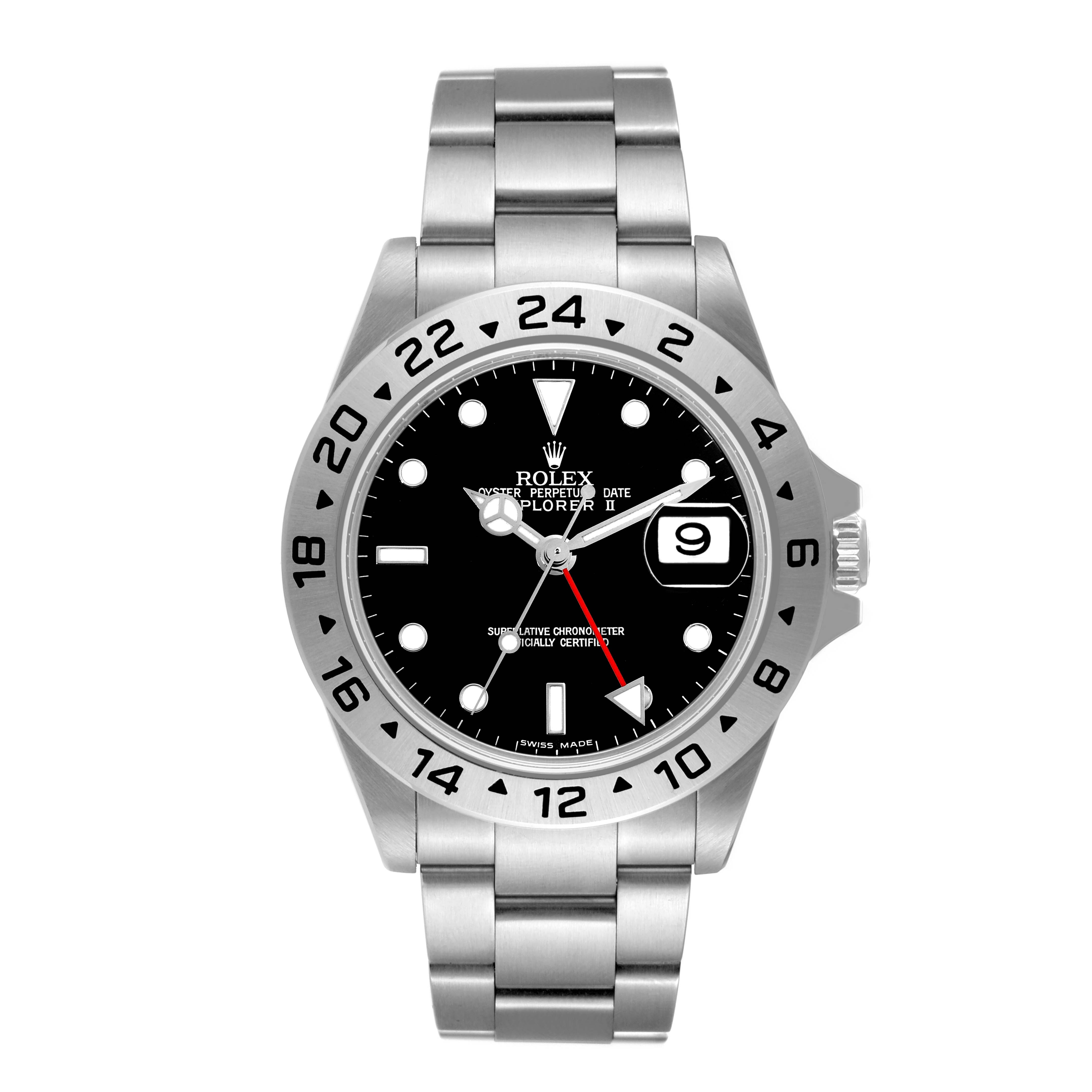 This image shows a frontal view of the Rolex Explorer 16570 Men's Stainless Steel Black Dial 16570 Men's Stainless Steel Black Dial watch, displaying its dial, bezel, and bracelet.