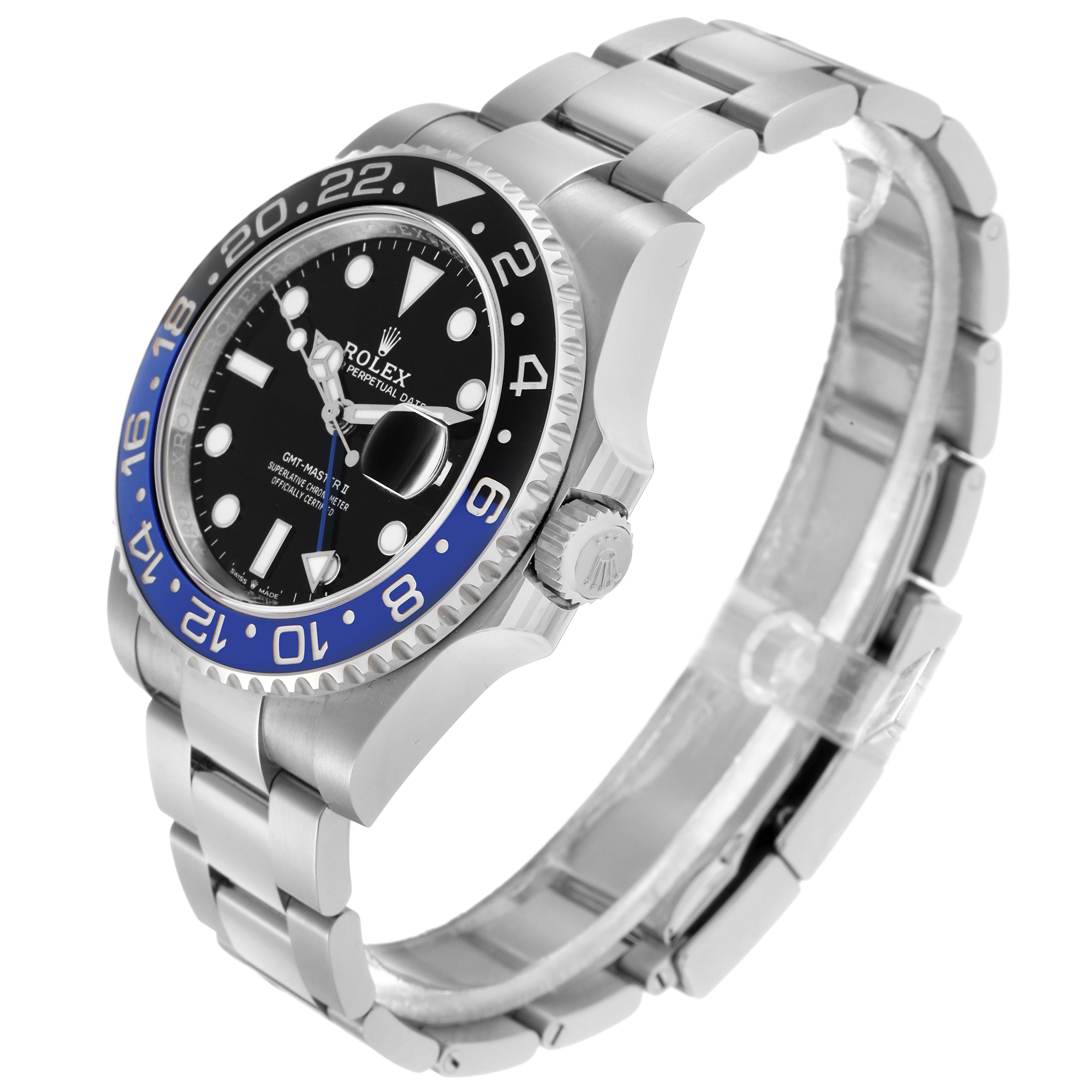 The Rolex GMT-Master 126710 Men
s Stainless Steel Black Dial watch is shown at an angled side view, highlighting the bezel, crown, and bracelet.