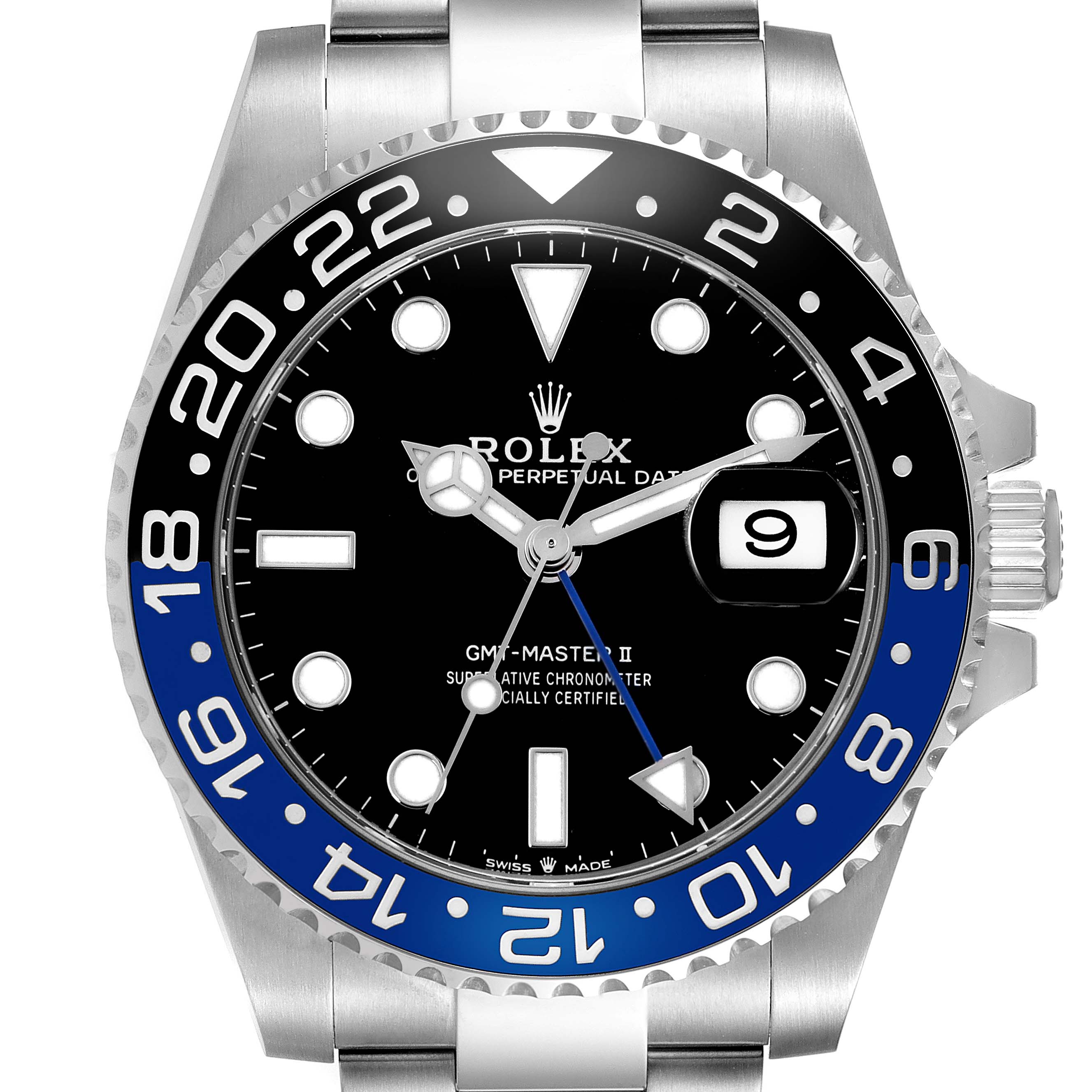 The Rolex GMT-Master 126710 Men
s Stainless Steel Black Dial II watch is shown from the front, highlighting its bezel, dial, hands, and date window.