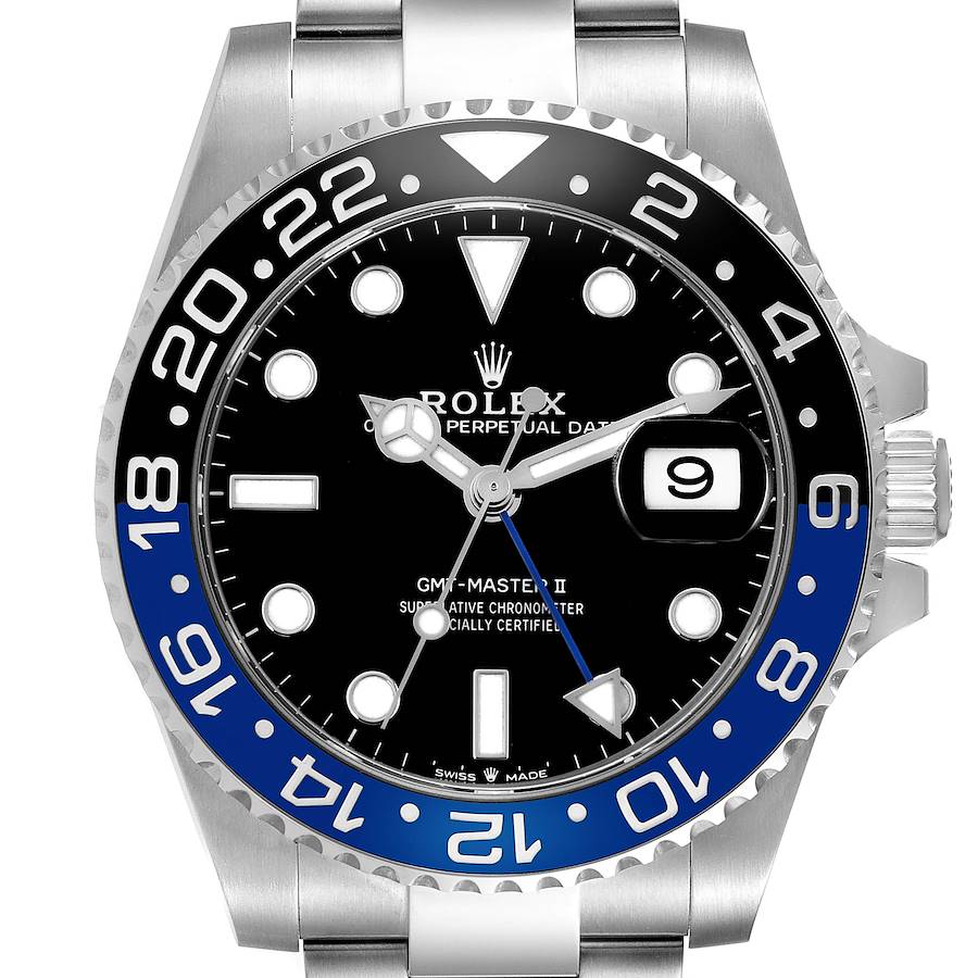 The Rolex GMT-Master 126710 Men's Stainless Steel Black Dial II watch is shown from the front, highlighting its bezel, dial, hands, and date window.