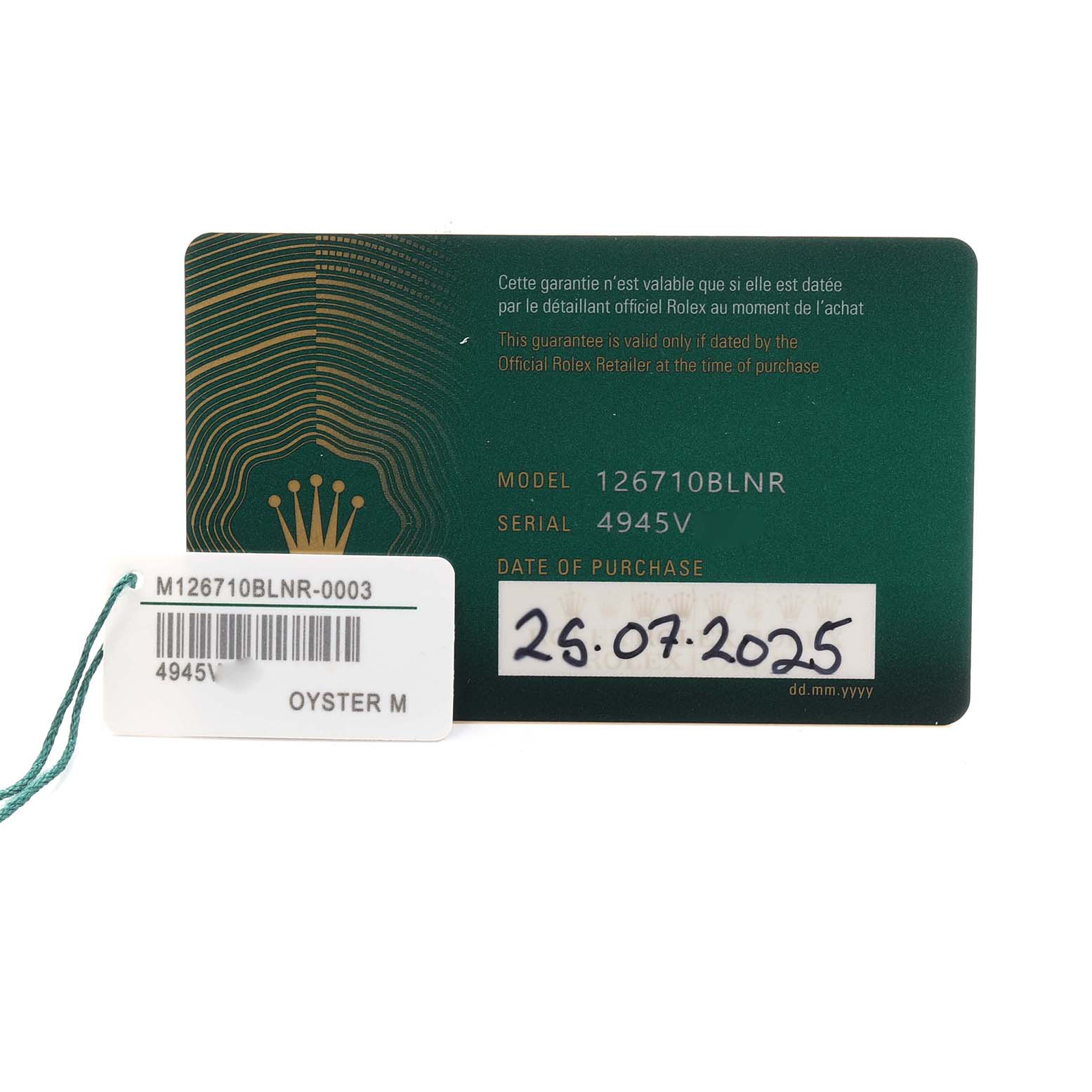 The image shows the Rolex GMT-Master 126710 Men
s Stainless Steel Black Dial warranty card and tag, including model and serial numbers.