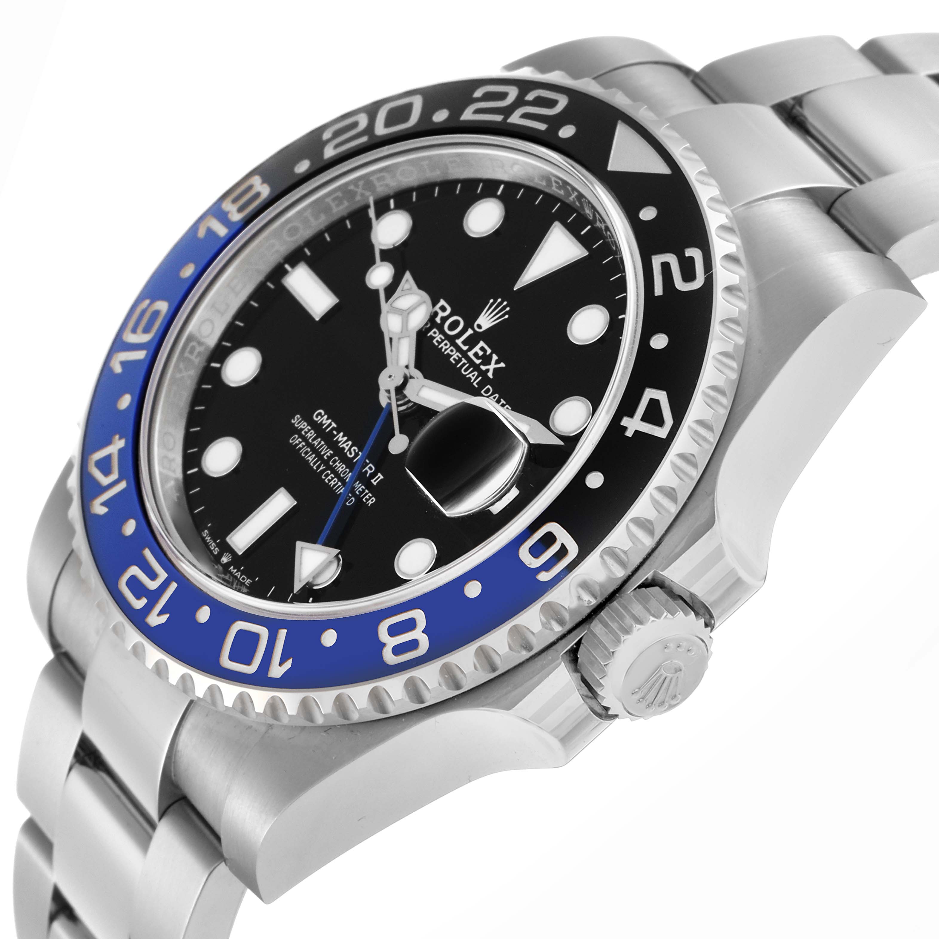 The Rolex GMT-Master 126710 Men
s Stainless Steel Black Dial watch is shown from a side angle, highlighting the bezel, dial, bracelet, and crown.