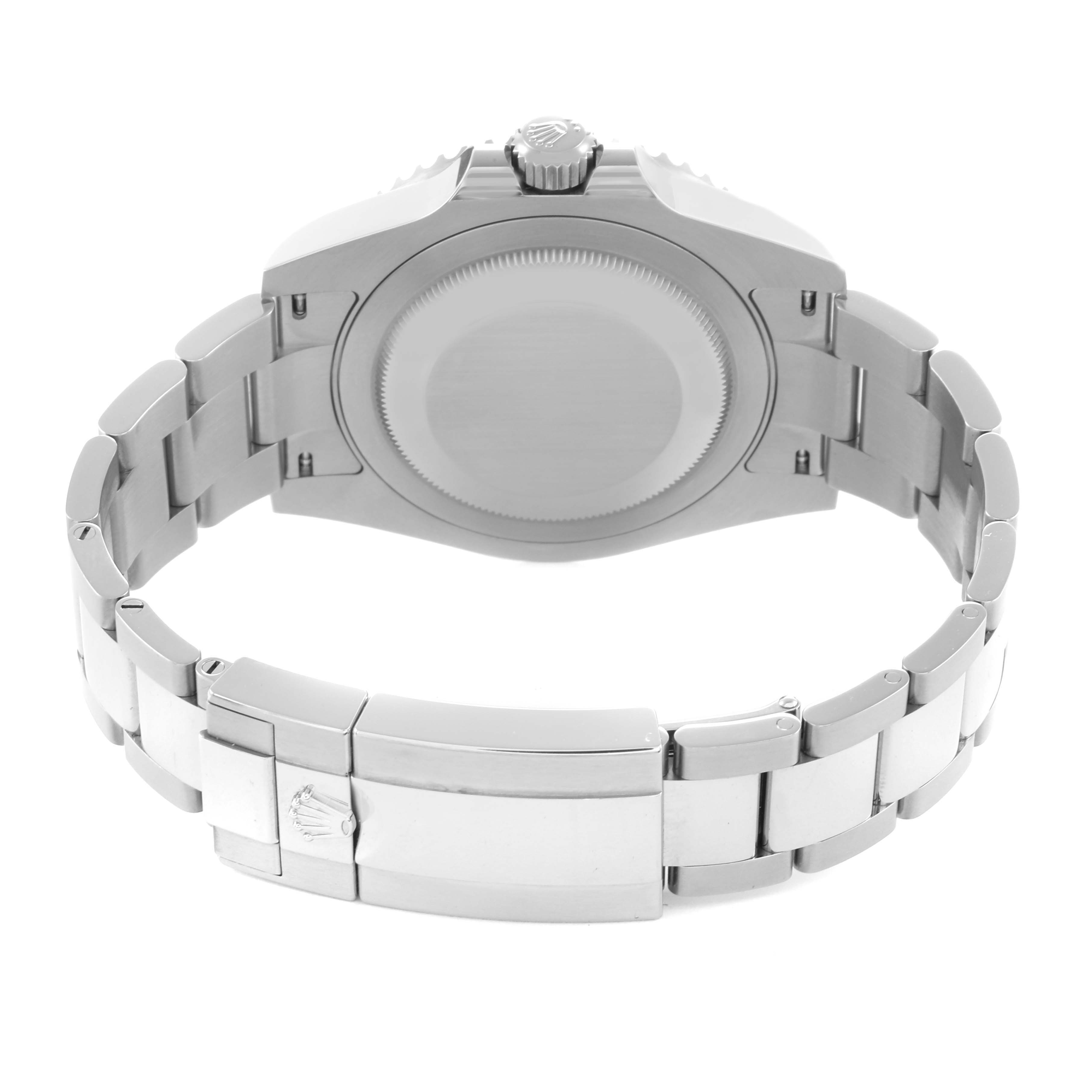 The image shows the case back and bracelet clasp of a Rolex GMT-Master 126710 Men
s Stainless Steel Black Dial, viewed from the underside.