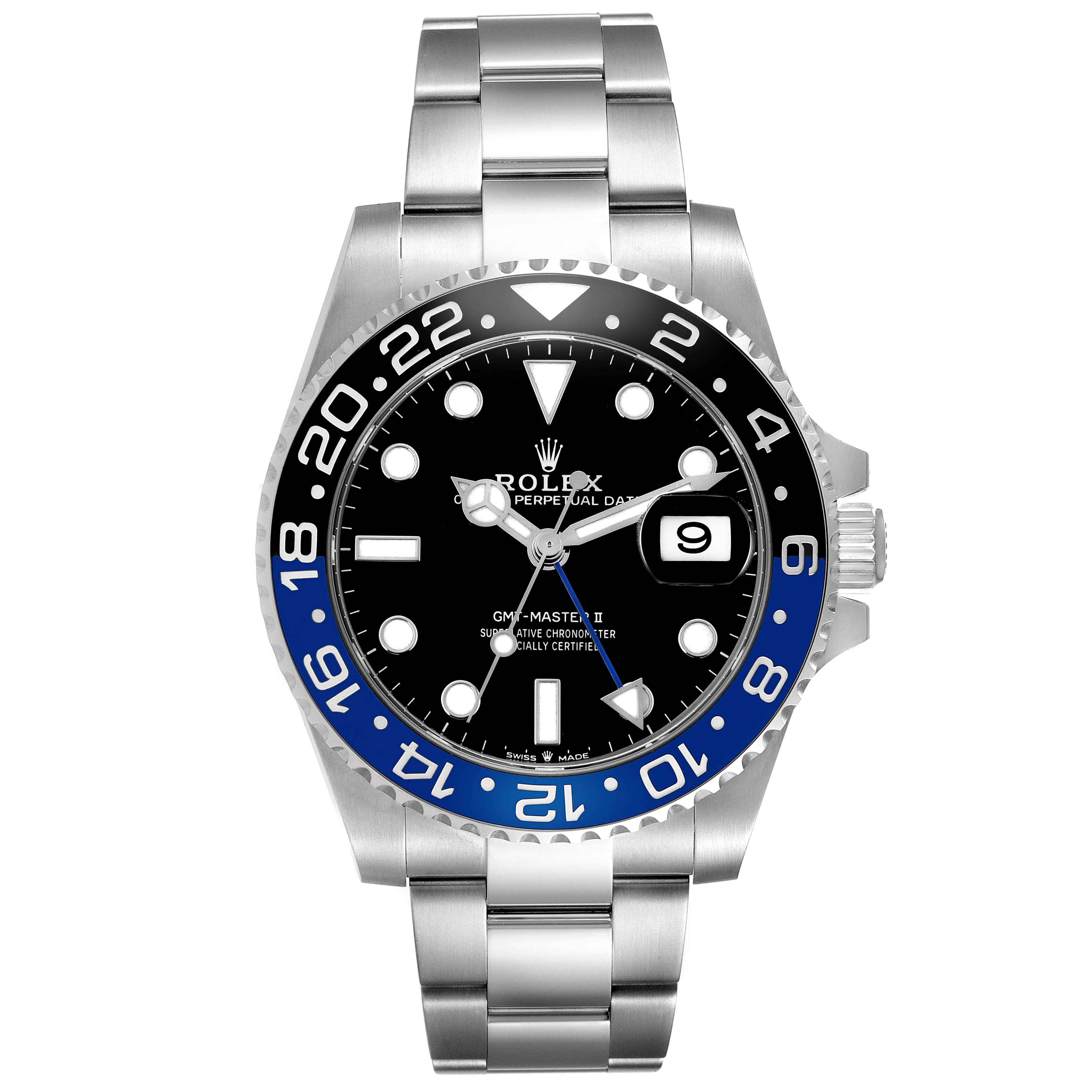 The Rolex GMT-Master 126710 Men
s Stainless Steel Black Dial watch is shown from the front, displaying the bezel, dial, date, and oyster bracelet.