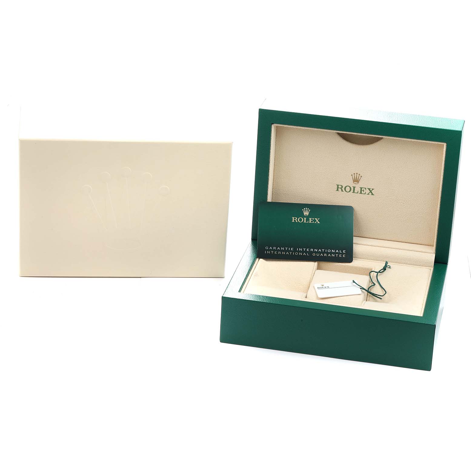 The image shows the packaging and accessories for a Rolex GMT-Master 126710 Men
s Stainless Steel Black Dial, including the box, warranty card, and tags.