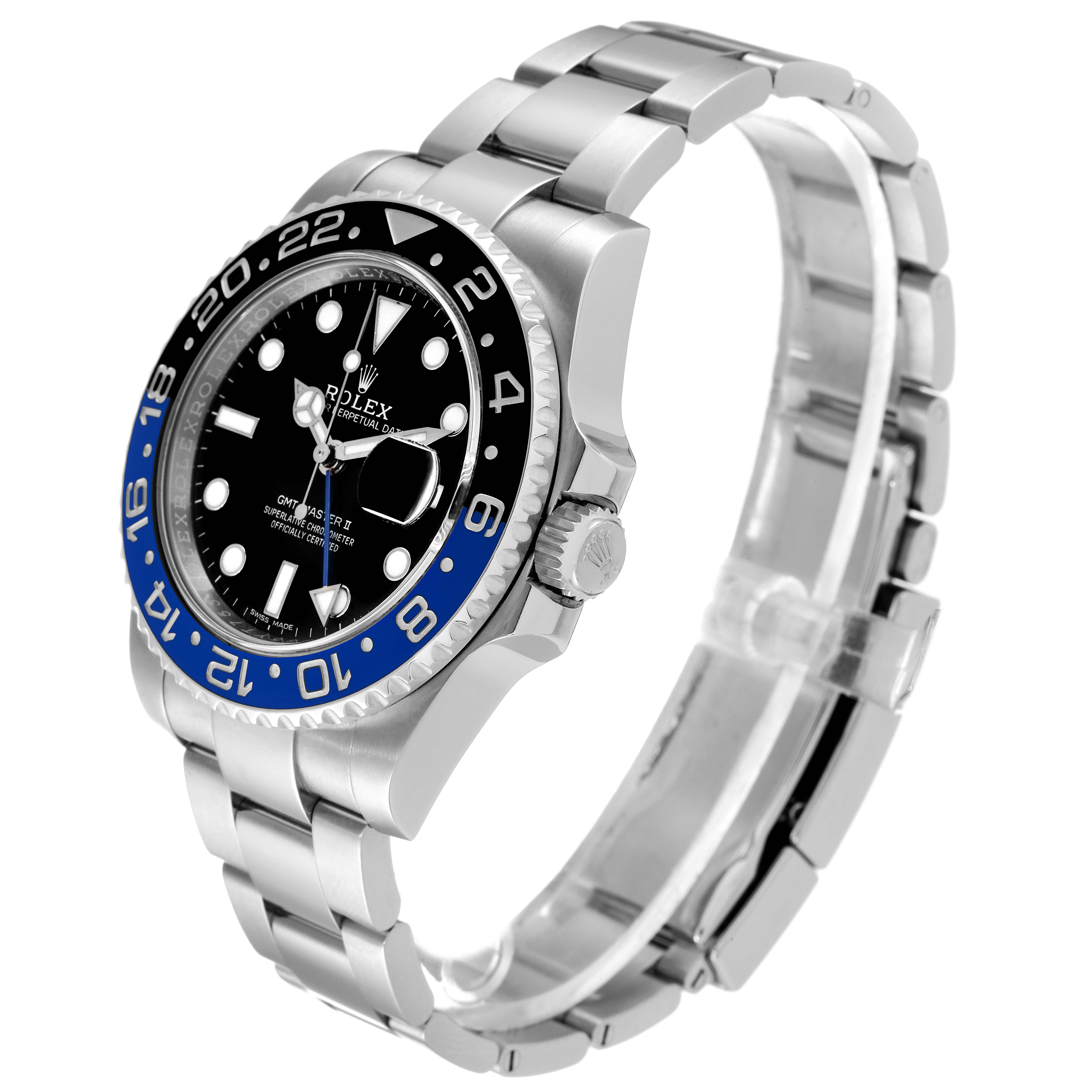 This image shows a side angle of the Rolex GMT-Master 116710 Men
s Stainless Steel Black Dial 116710 Men
s Stainless Steel Black Dial watch, highlighting the bezel, dial, crown, and bracelet.