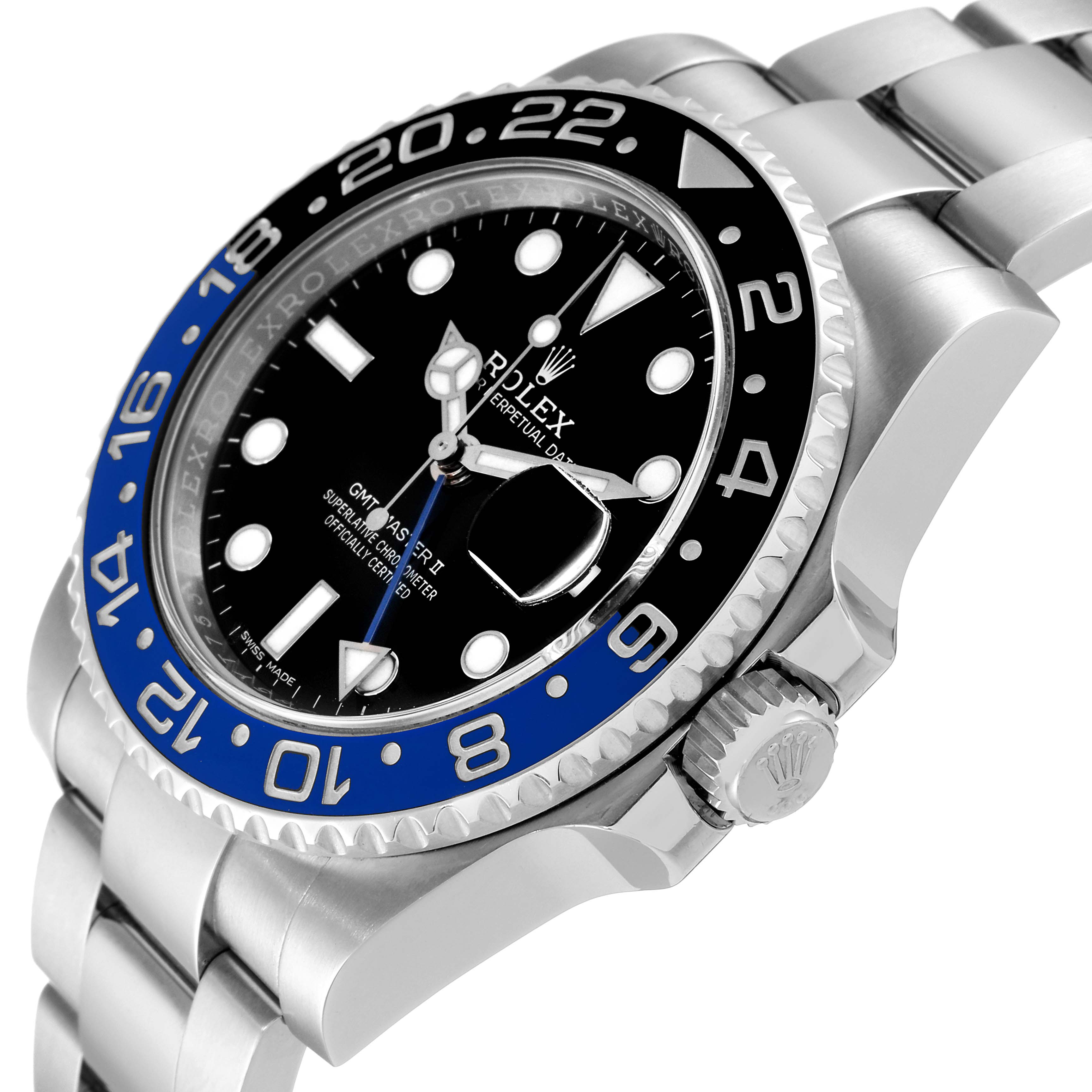 This image shows a Rolex GMT-Master 116710 Men
s Stainless Steel Black Dial 116710 Men
s Stainless Steel Black Dial II watch from an angled side view, highlighting the black and blue bezel, dial, and bracelet.