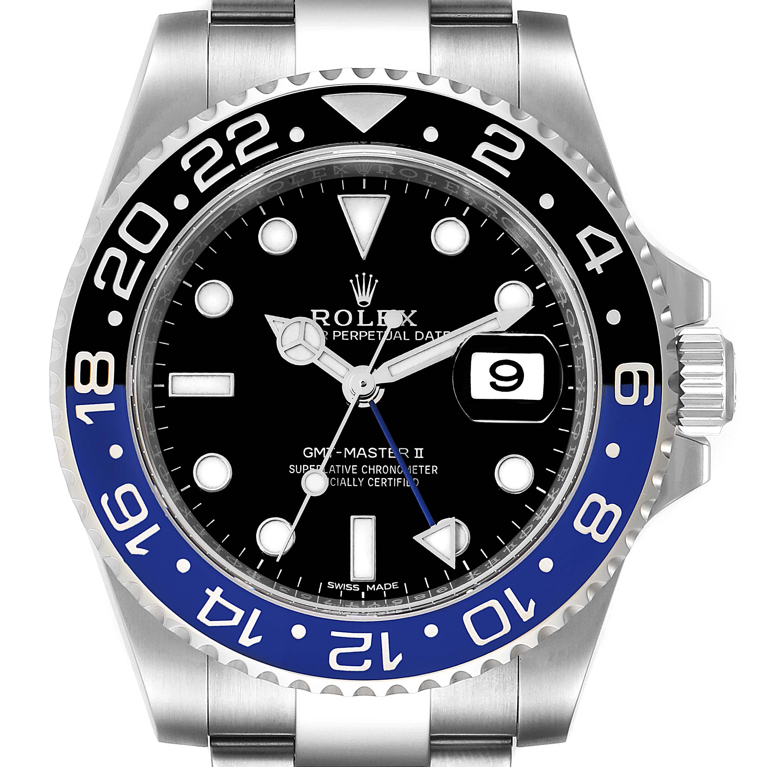 This is a close-up view of the Rolex GMT-Master 116710 Men
s Stainless Steel Black Dial 116710 Men
s Stainless Steel Black Dial II watch, showing the face, bezel, and part of the bracelet.