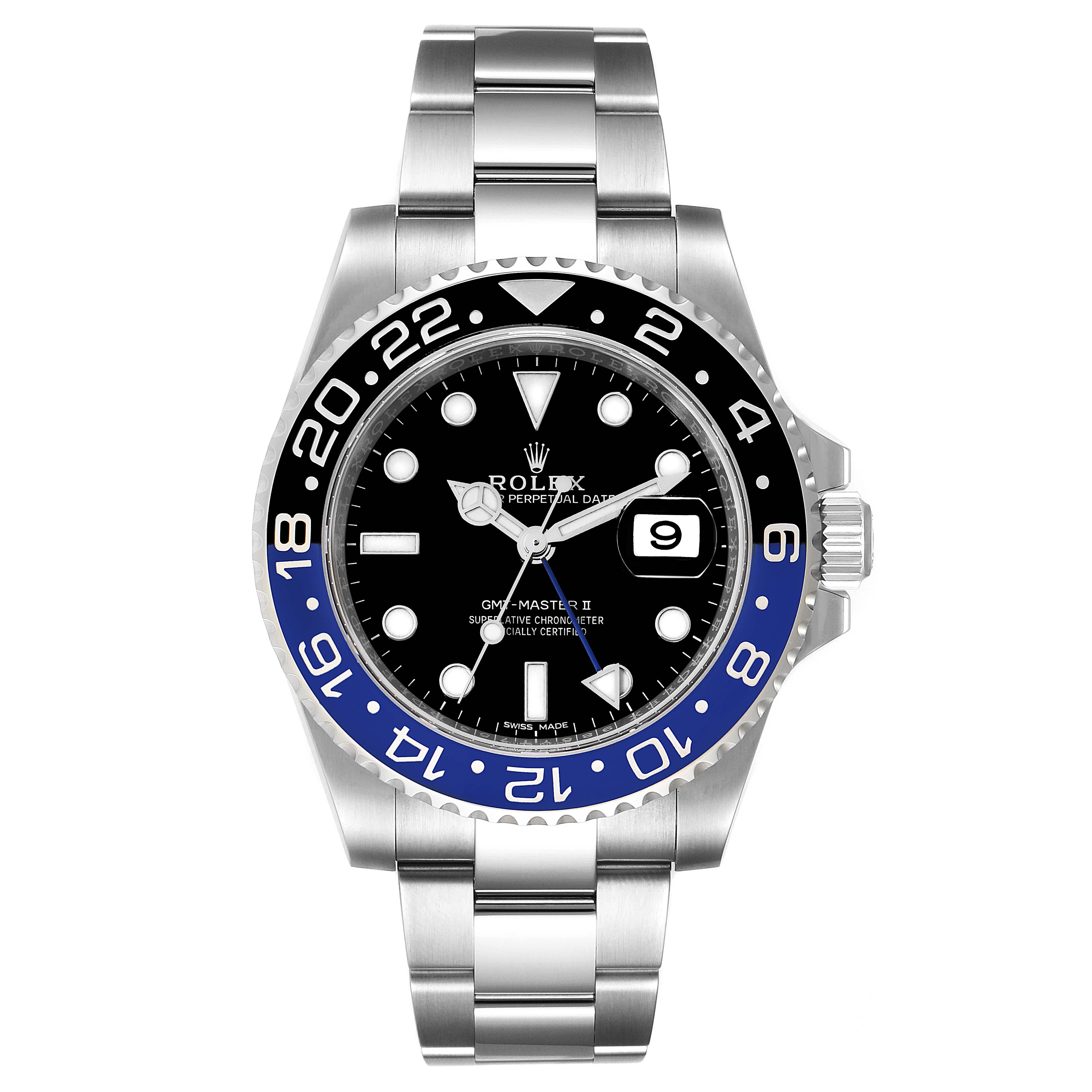 The Rolex GMT-Master 116710 Men
s Stainless Steel Black Dial 116710 Men
s Stainless Steel Black Dial II watch is shown from the front, displaying its black and blue bezel, dial, and date window.