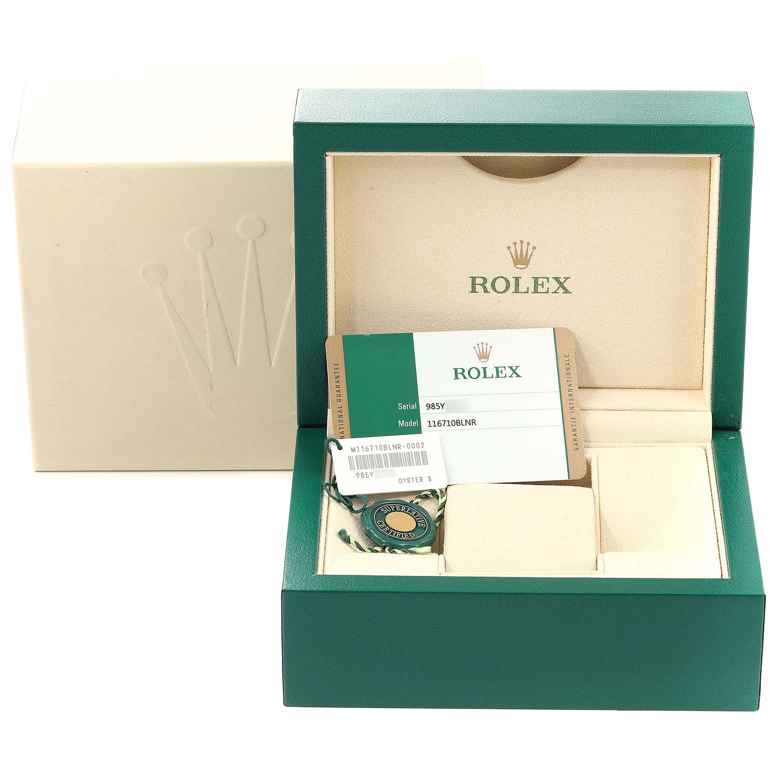The image shows a Rolex GMT-Master 116710 Men
s Stainless Steel Black Dial 116710 Men
s Stainless Steel Black Dial watch box with Best Quality
ation cards and tags inside, viewed from the front.