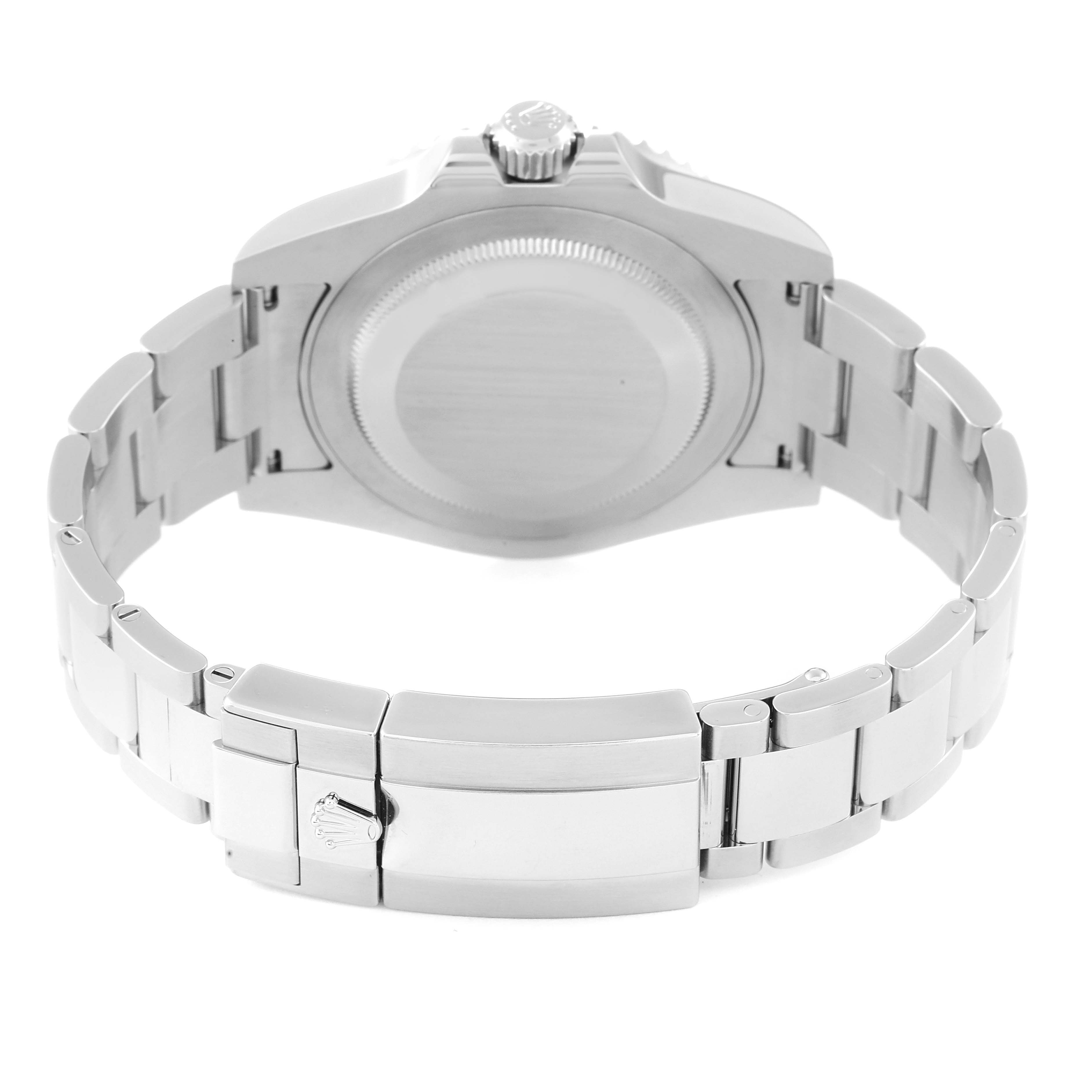 This image shows the back view of the Rolex GMT-Master 116710 Men
s Stainless Steel Black Dial 116710 Men
s Stainless Steel Black Dial watch, highlighting the case back and metal bracelet with a clasp.