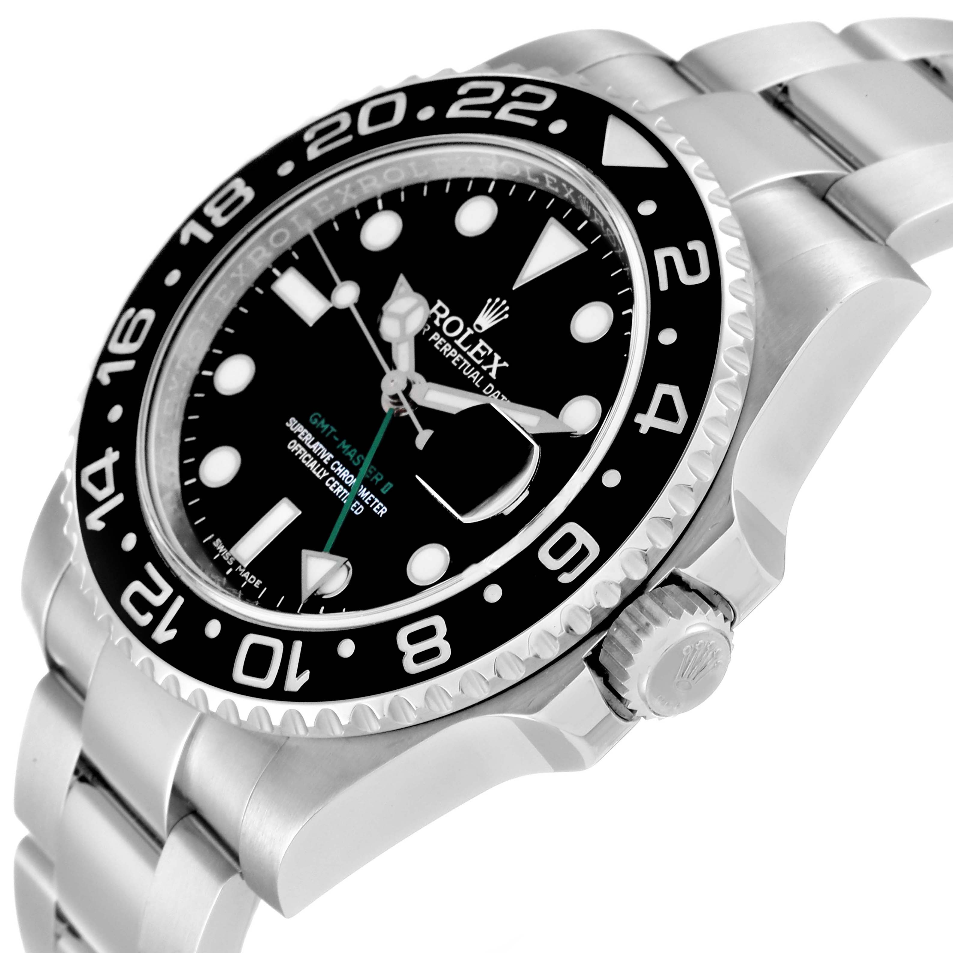 This Rolex GMT-Master 116710 Men
s Stainless Steel Black Dial 116710 Men
s Stainless Steel Black Dial watch is shown at a slight angle, highlighting the face, bezel, crown, and part of the bracelet.