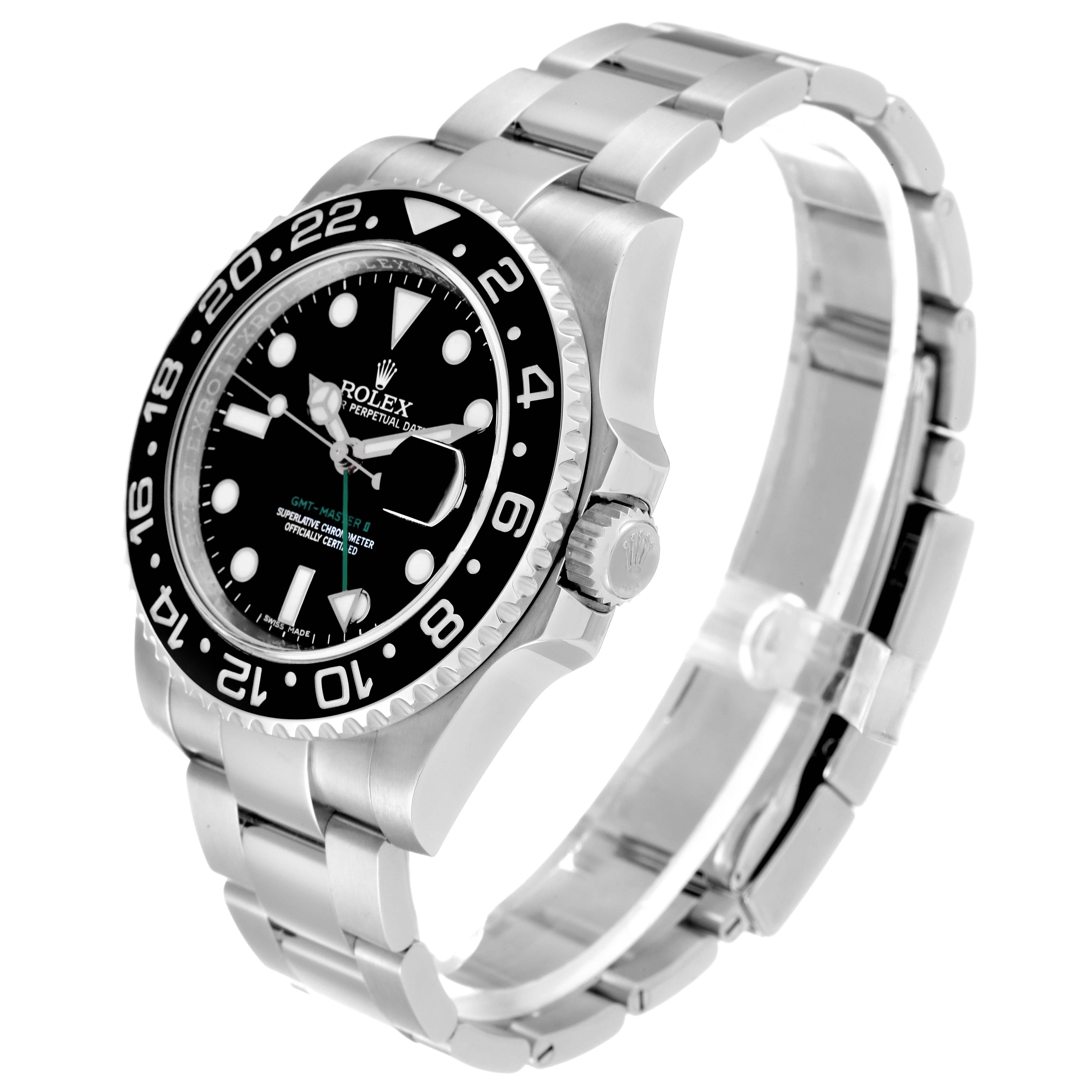 This image shows a Rolex GMT-Master 116710 Men
s Stainless Steel Black Dial 116710 Men
s Stainless Steel Black Dial watch from a 3/4 angle, highlighting the bezel, crown, dial, and stainless steel bracelet.