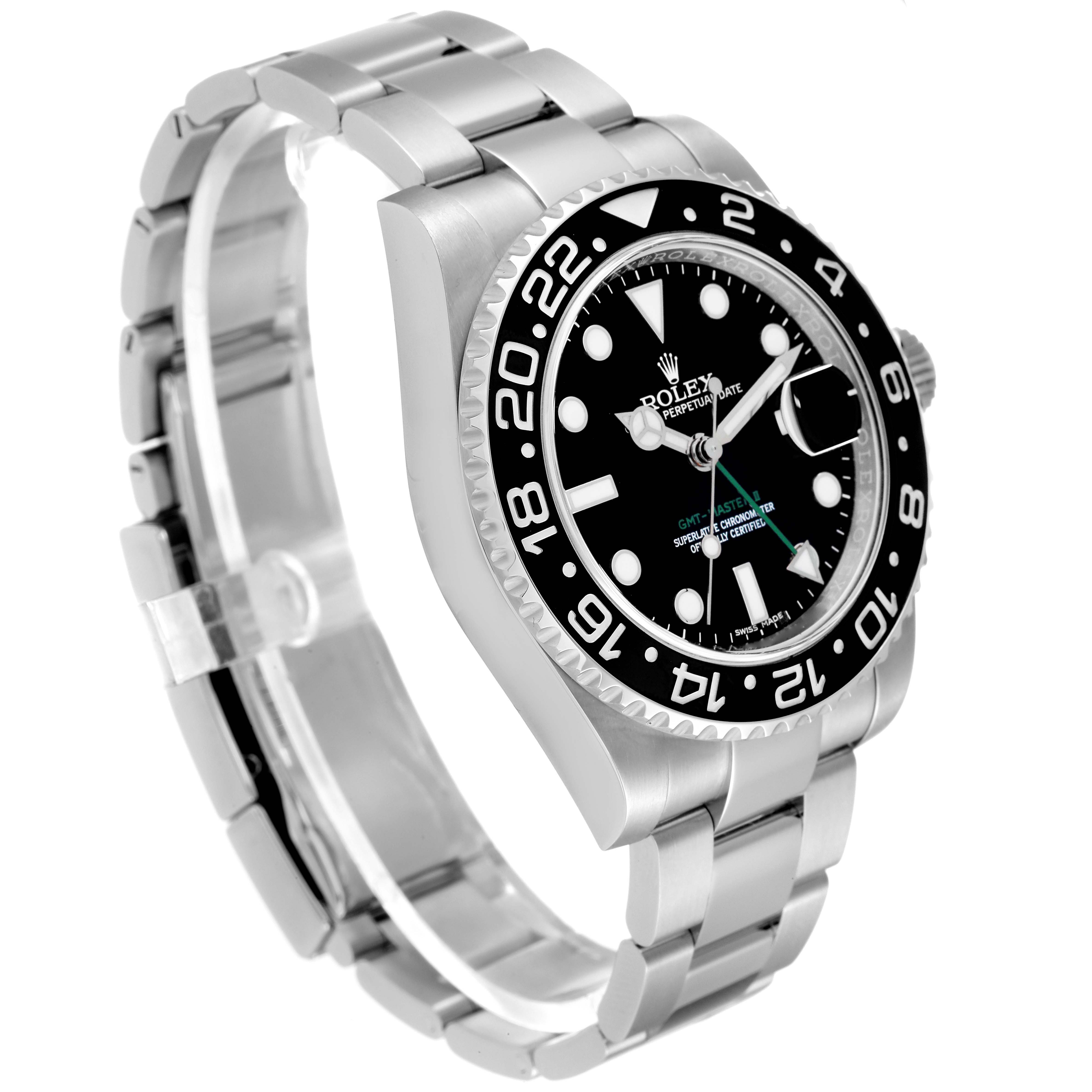 This Rolex GMT-Master 116710 Men
s Stainless Steel Black Dial 116710 Men
s Stainless Steel Black Dial watch is shown from a slight side angle, displaying the face, bezel, and bracelet.