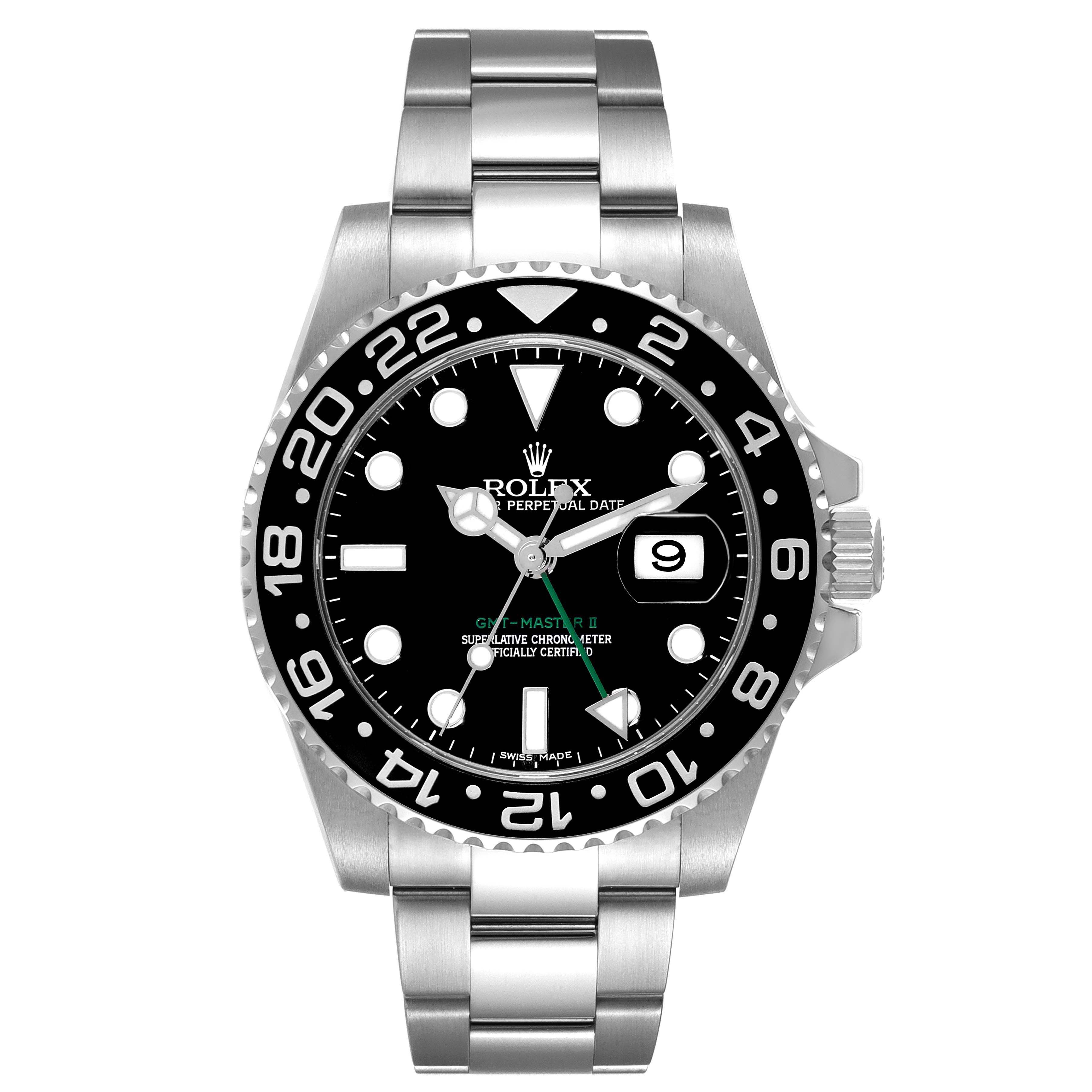 This image shows a front view of a Rolex GMT-Master 116710 Men
s Stainless Steel Black Dial 116710 Men
s Stainless Steel Black Dial II watch, displaying the dial, bezel, and bracelet.
