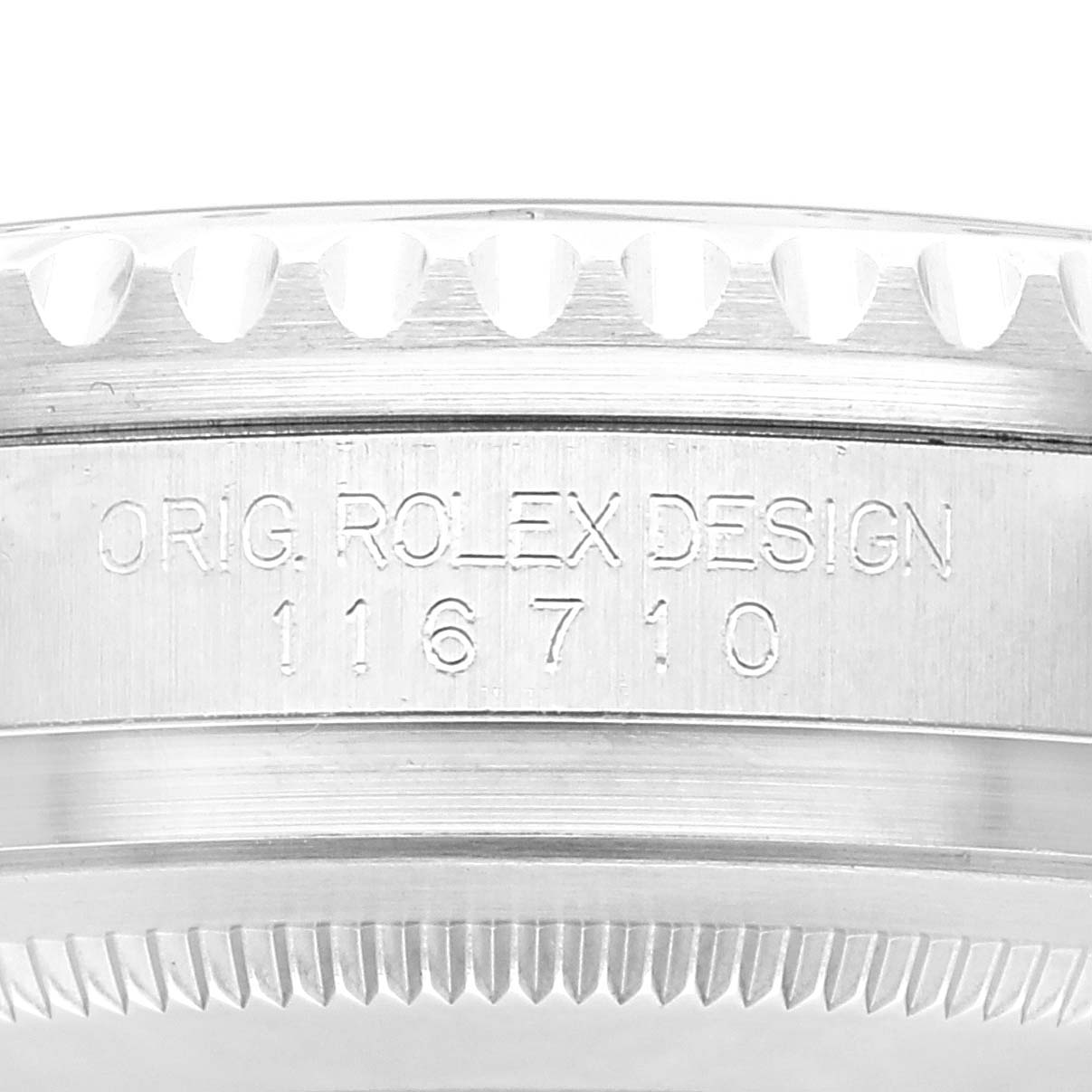 This image shows the side engraving and bezel of the Rolex GMT-Master 116710 Men
s Stainless Steel Black Dial 116710 Men
s Stainless Steel Black Dial watch, displaying the model number "116710".