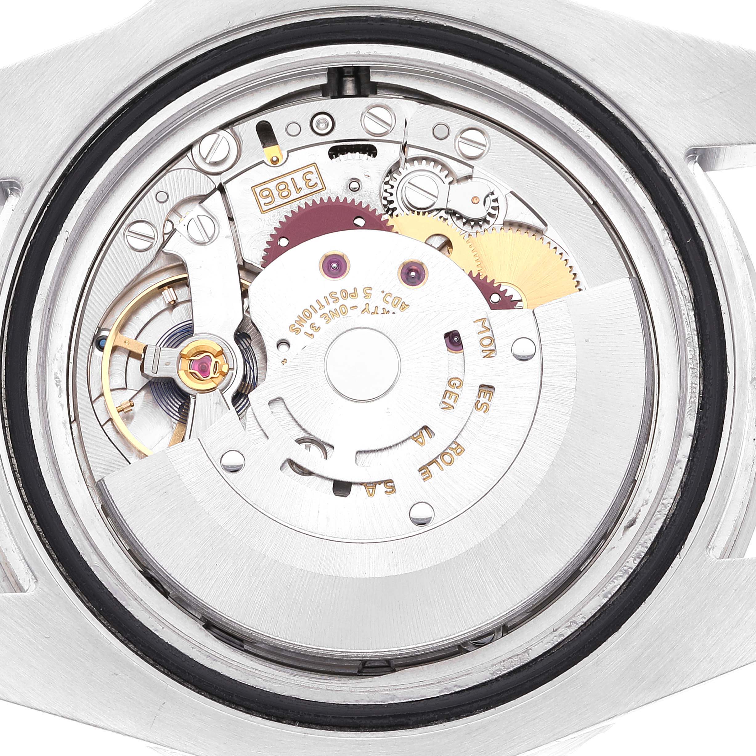 The image shows the internal mechanism and movement components of a Rolex GMT-Master 116710 Men
s Stainless Steel Black Dial 116710 Men
s Stainless Steel Black Dial watch from a rear view.