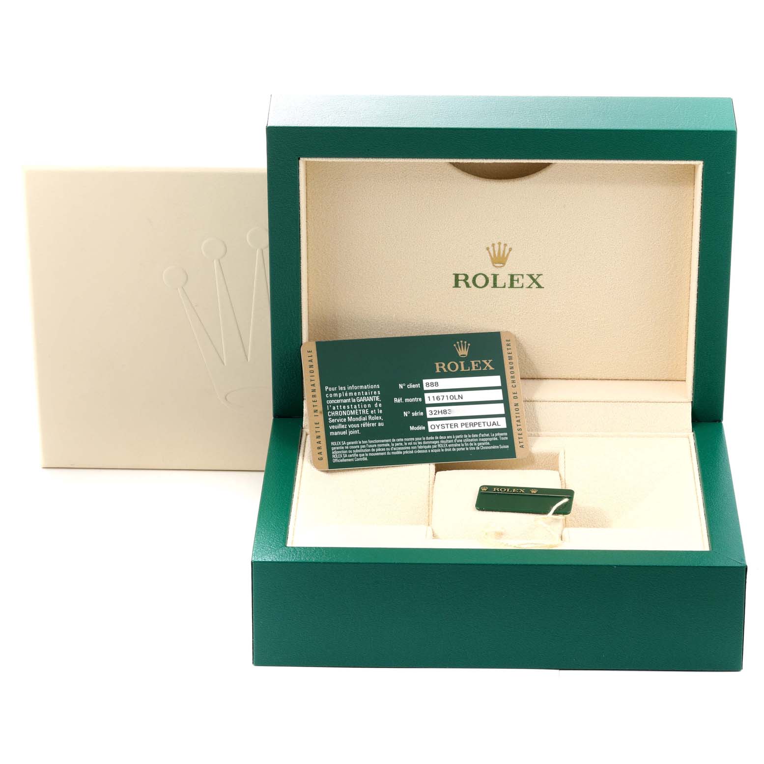 The image displays the open box and accessories, including documentation, for a Rolex GMT-Master 116710 Men
s Stainless Steel Black Dial 116710 Men
s Stainless Steel Black Dial watch.
