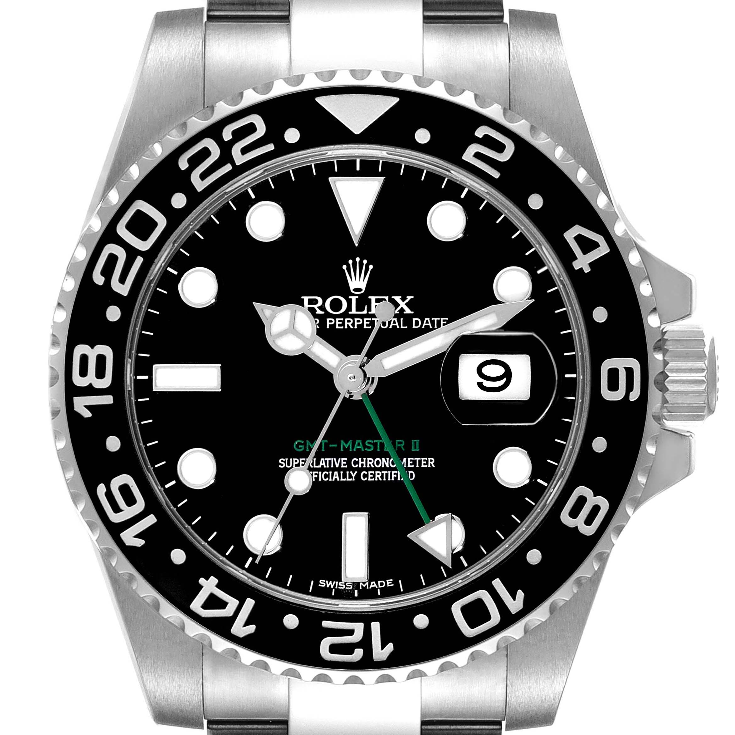 This is a head-on view of the Rolex GMT-Master 116710 Men
s Stainless Steel Black Dial 116710 Men
s Stainless Steel Black Dial II watch, showing the face, bezel, and part of the bracelet.