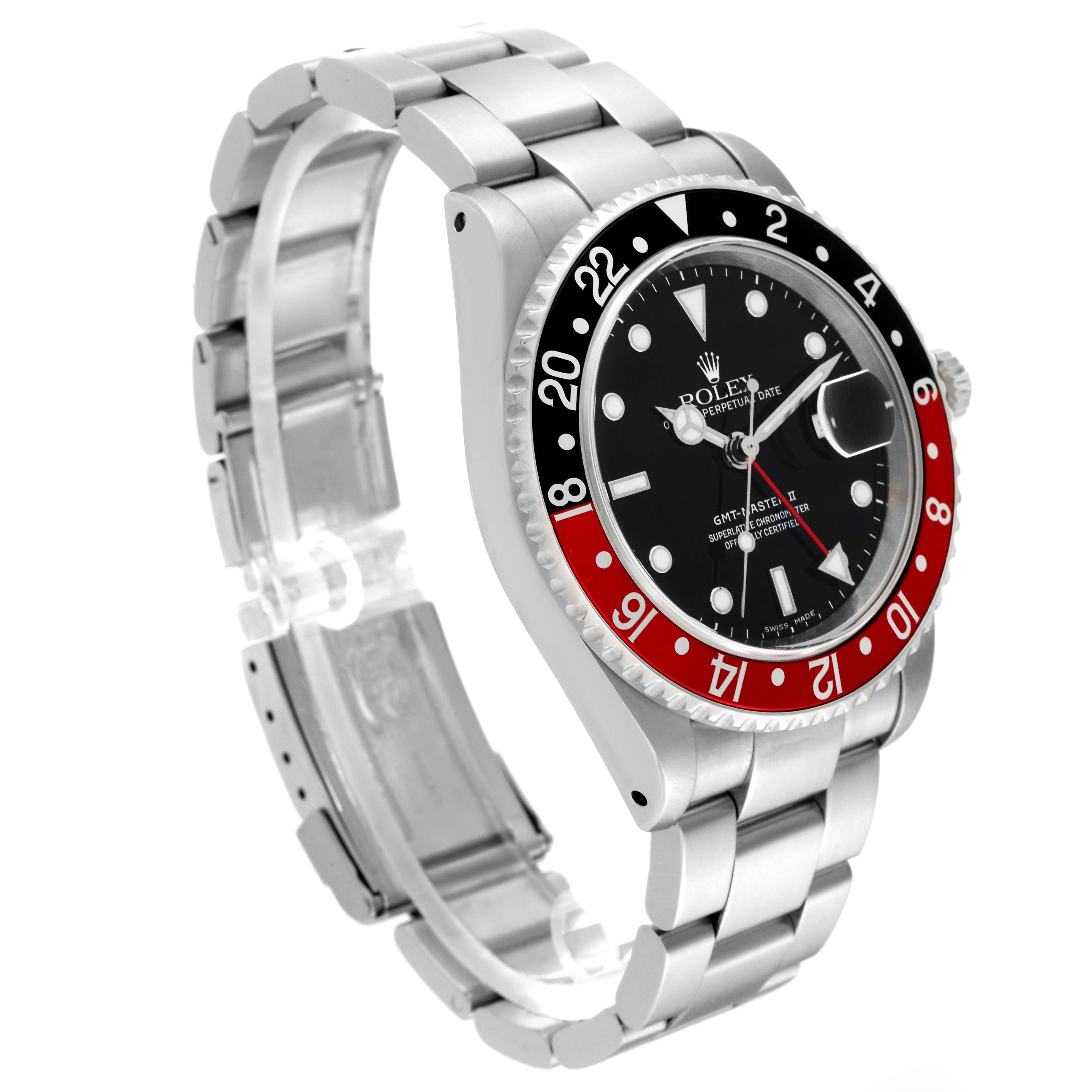 The image shows a side view of a Rolex GMT-Master 16710 Men
s Stainless Steel Black Dial 16710 Men
s Stainless Steel Black Dial watch, highlighting its bezel, bracelet, and case.