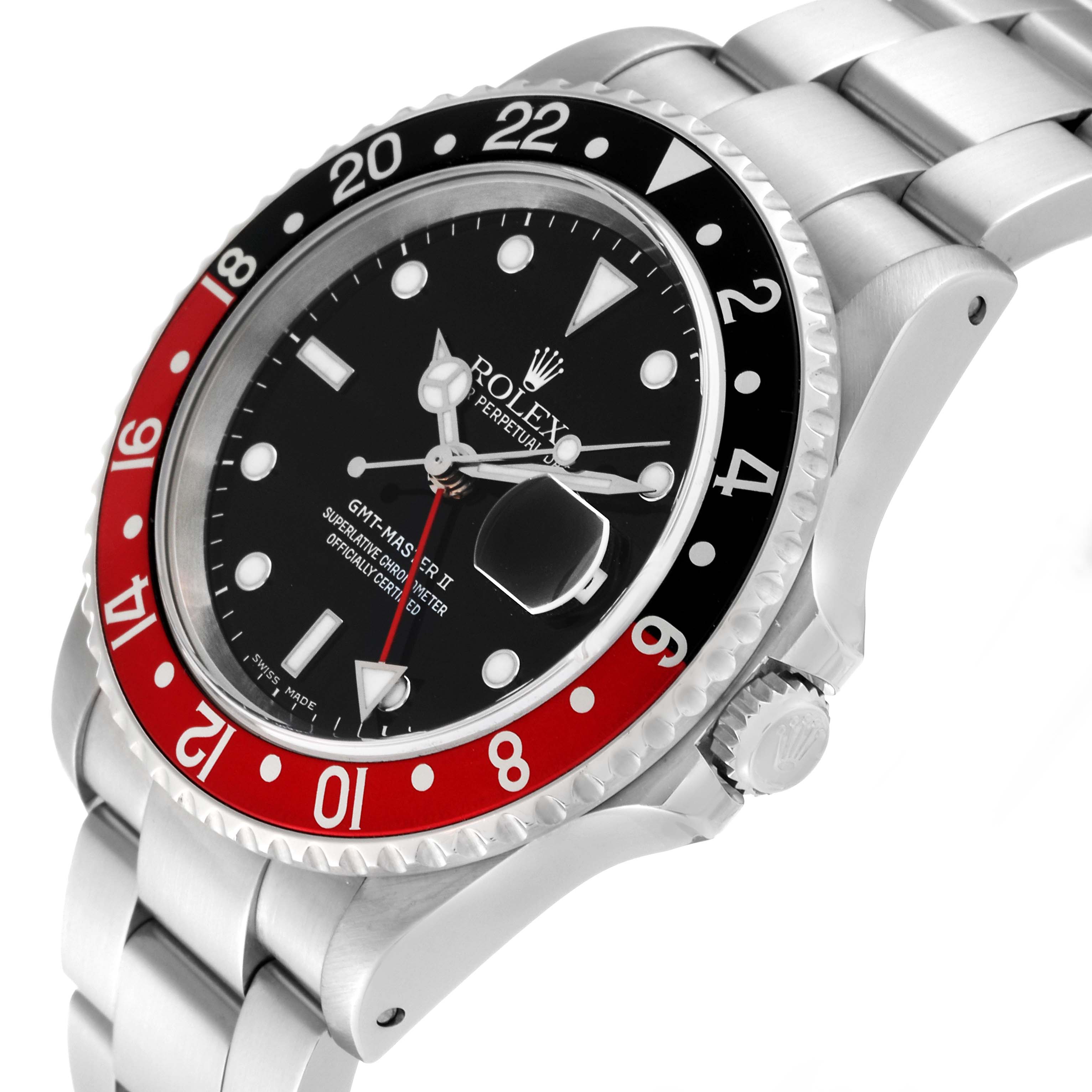 The image shows a side angle of a Rolex GMT-Master 16710 Men
s Stainless Steel Black Dial 16710 Men
s Stainless Steel Black Dial II watch, highlighting the bezel, dial, and part of the stainless steel bracelet.