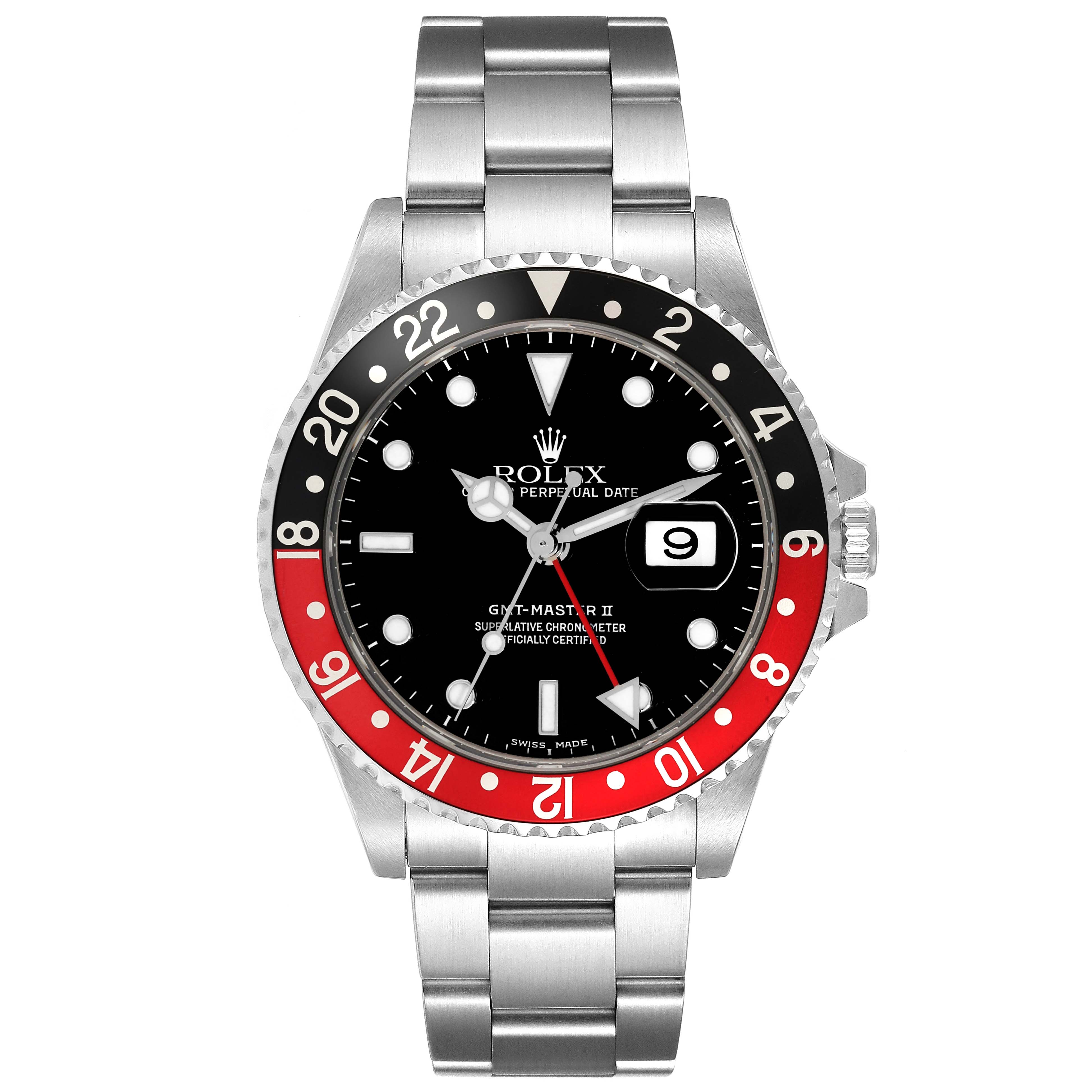The image shows a front view of the Rolex GMT-Master 16710 Men
s Stainless Steel Black Dial 16710 Men
s Stainless Steel Black Dial II watch, displaying its bezel, dial, hands, and bracelet.