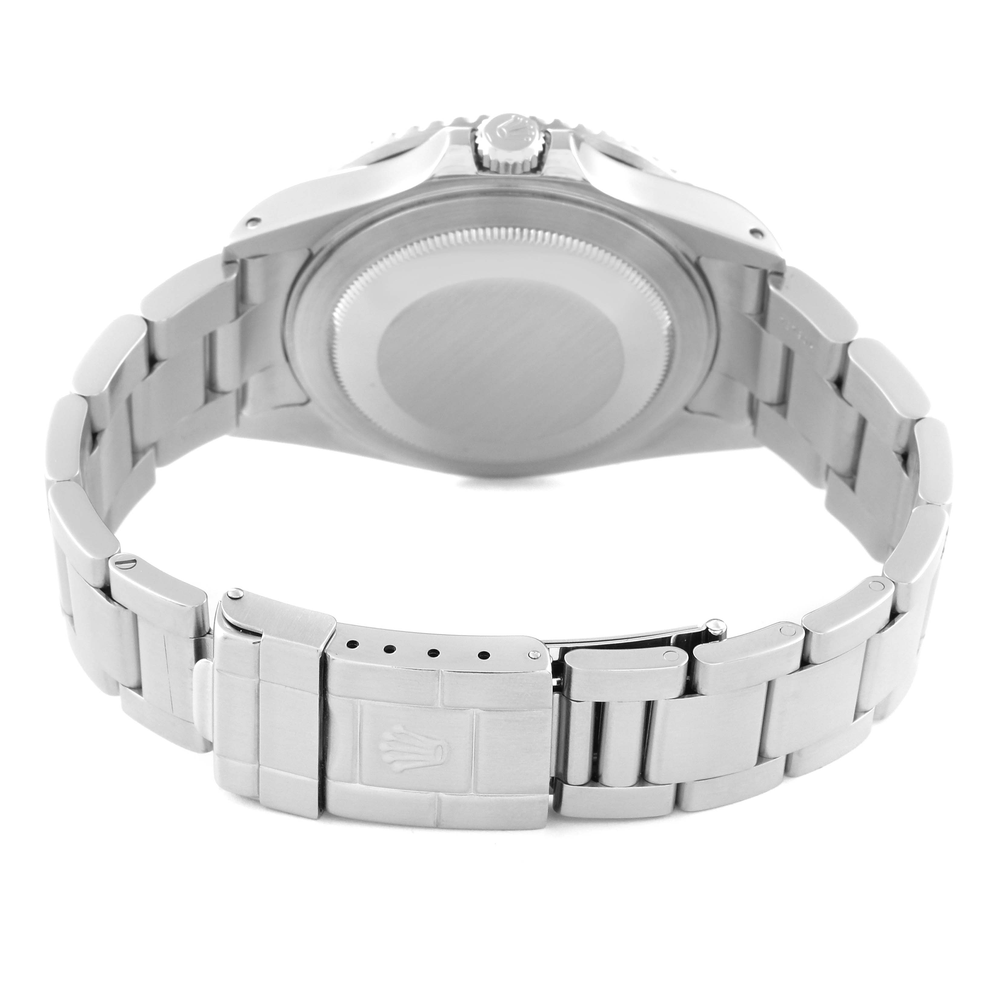 This Rolex GMT-Master 16710 Men
s Stainless Steel Black Dial 16710 Men
s Stainless Steel Black Dial watch is shown from the back angle, displaying the case back and bracelet with the clasp.