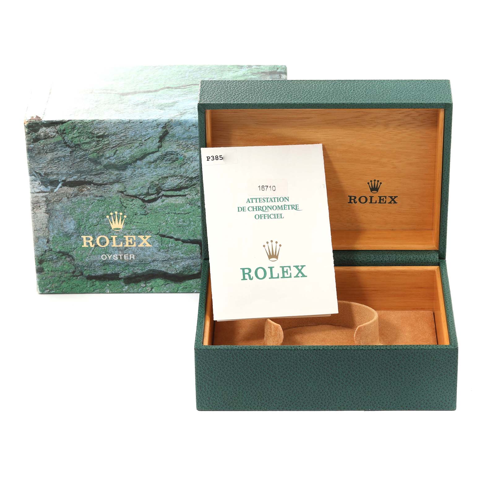 The image shows the packaging and certification for the Rolex GMT-Master 16710 Men
s Stainless Steel Black Dial 16710 Men
s Stainless Steel Black Dial watch, including the box and official chronometer certificate.